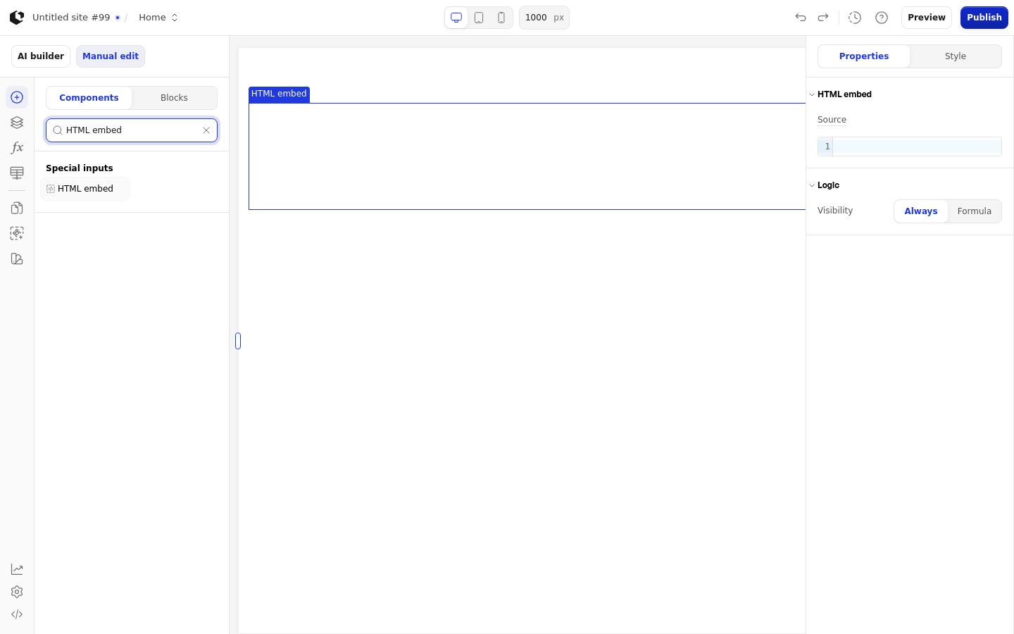 The HTML embed element on the canvas inside a Section, with the add-element panel open and the HTML embed selected in the components list.