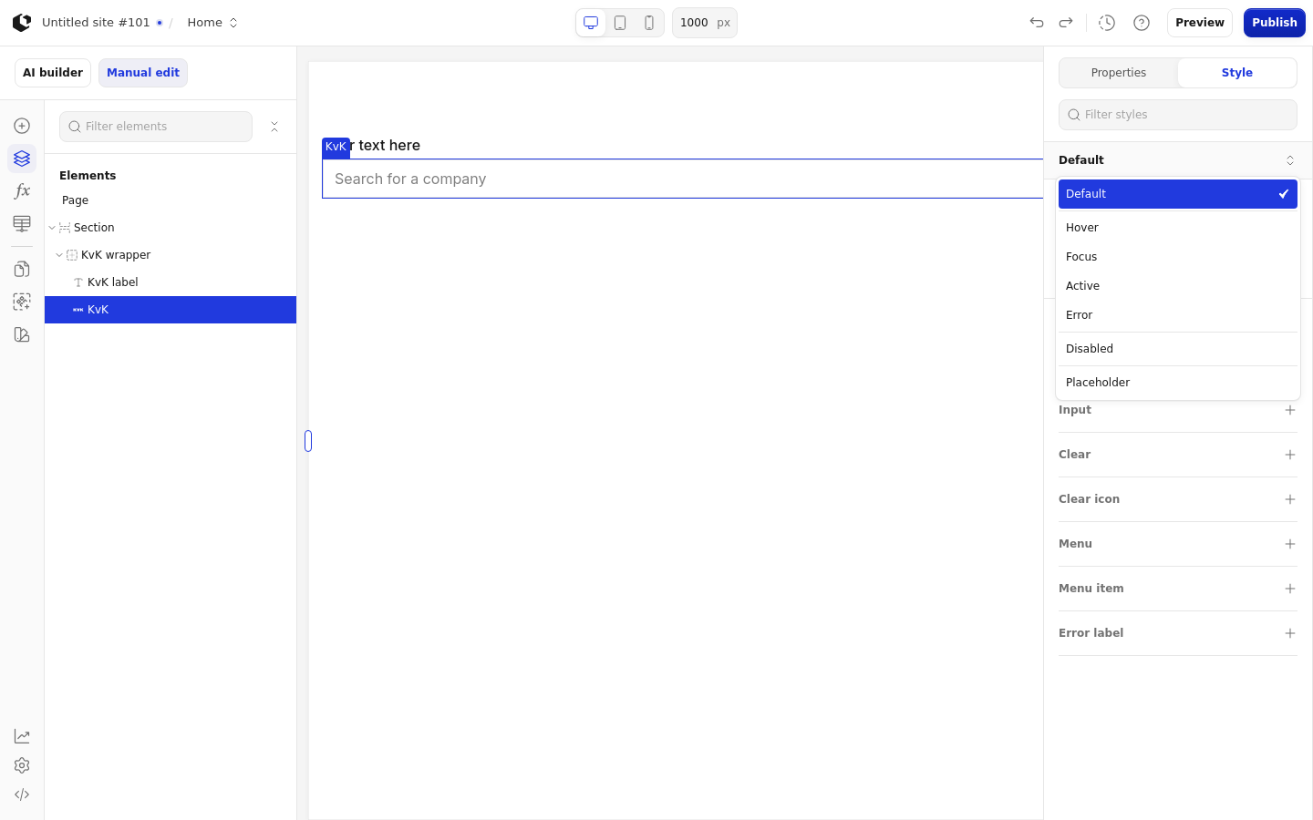 The Style tab with the style sets dropdown open, listing the KvK style sets: KvK, KvK - brand background, and KvK - underlined.