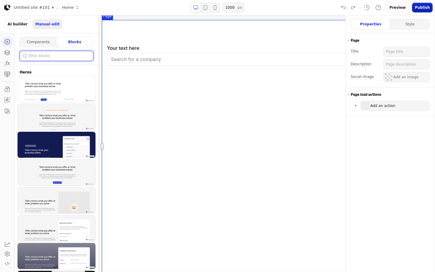 The Blocks panel open in the site editor with the Filter blocks search field and a list of hero-section block thumbnails.