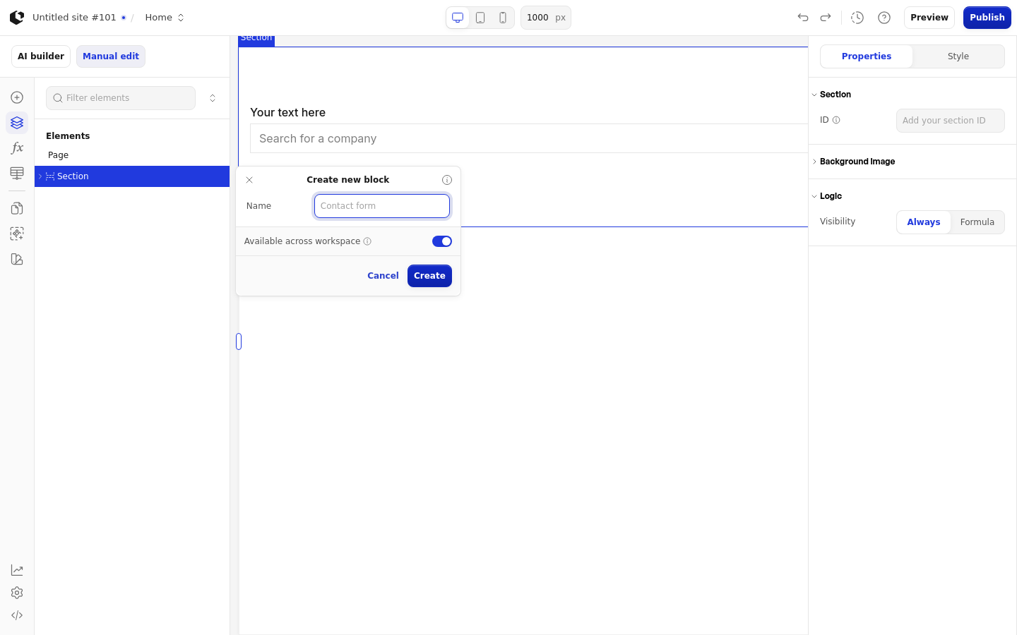 The Create new block popover with a Name field and the Available across workspace switch turned on.