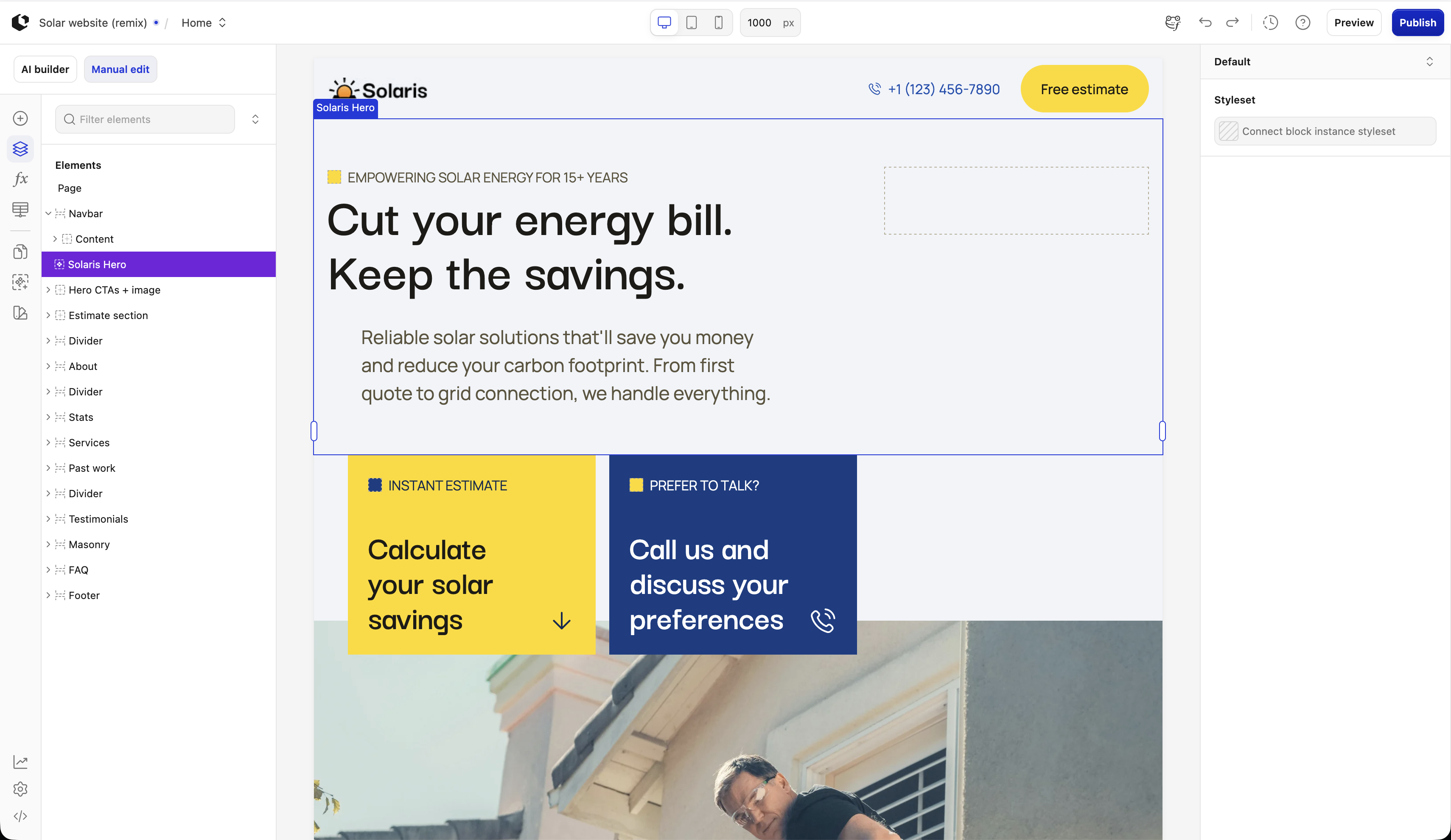 A real ConvertSite template (Solaris) open in the builder, with the Navigator showing the page broken into its sections: Solaris Hero, Hero CTAs + image, Estimate section, About, Stats, Services, Past work, Testimonials, FAQ, and Footer.