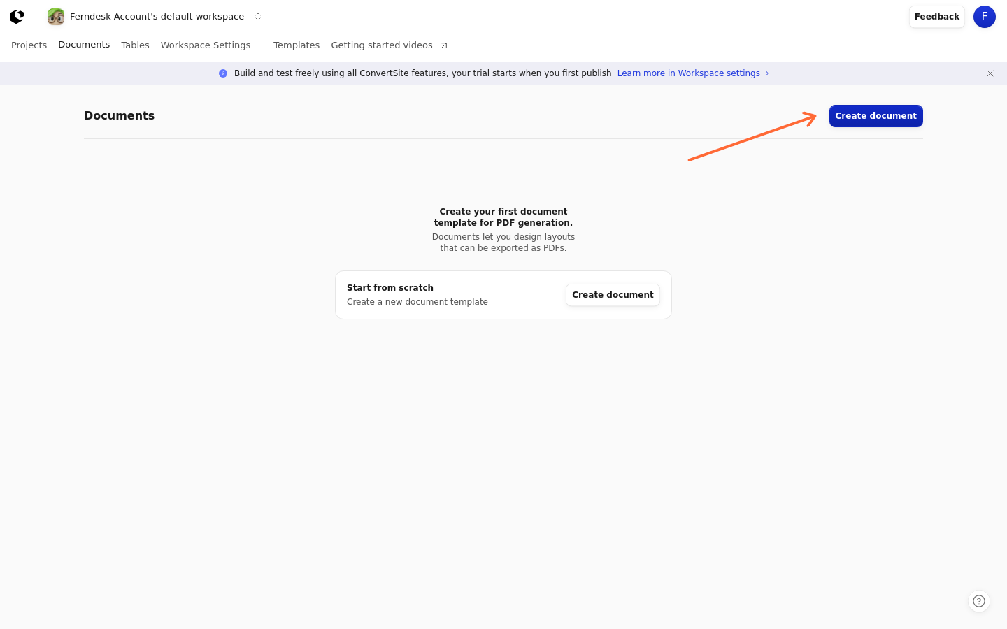 The Documents page with the Create document button highlighted