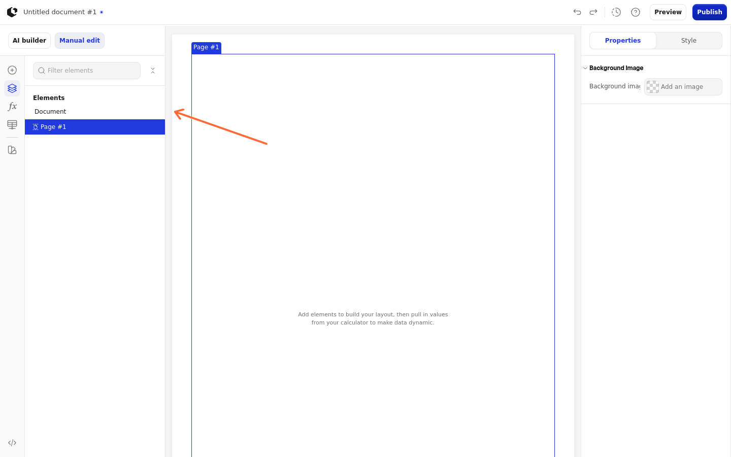 The document editor with the page selected and the Document group in the inspector