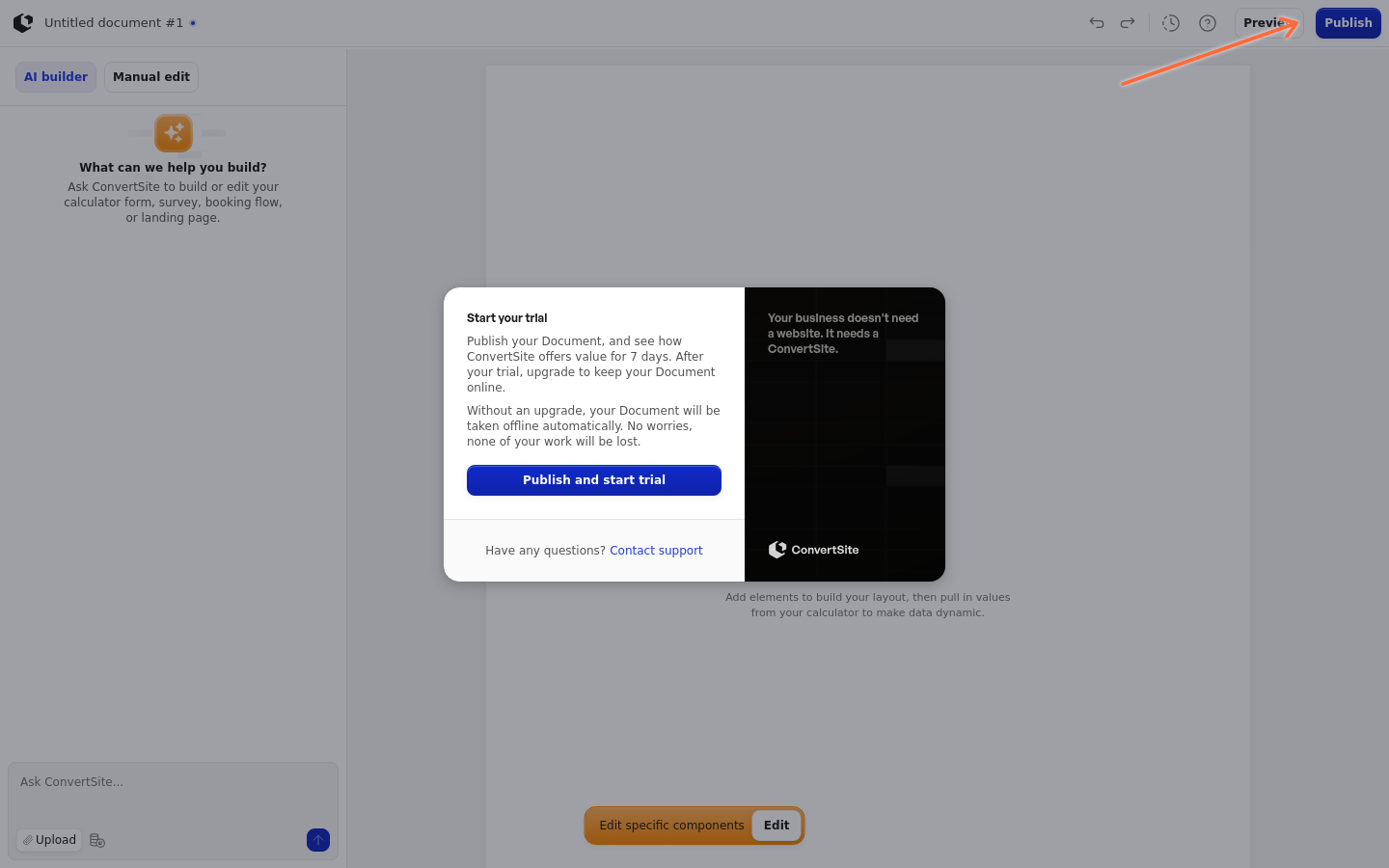 The Publish button in the document editor