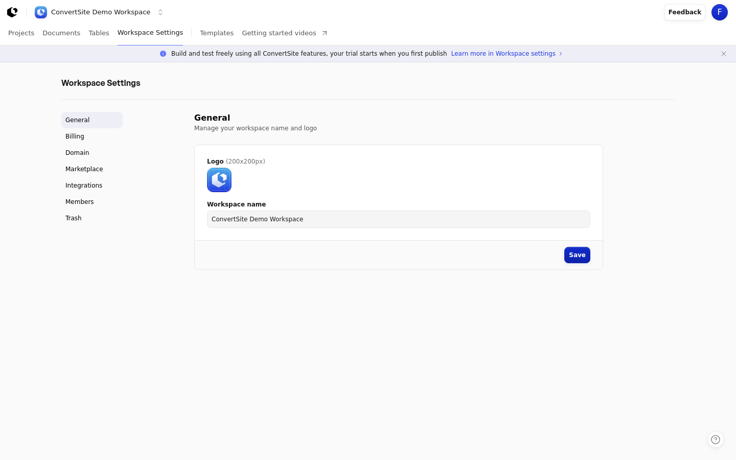 Workspace Settings navigation menu