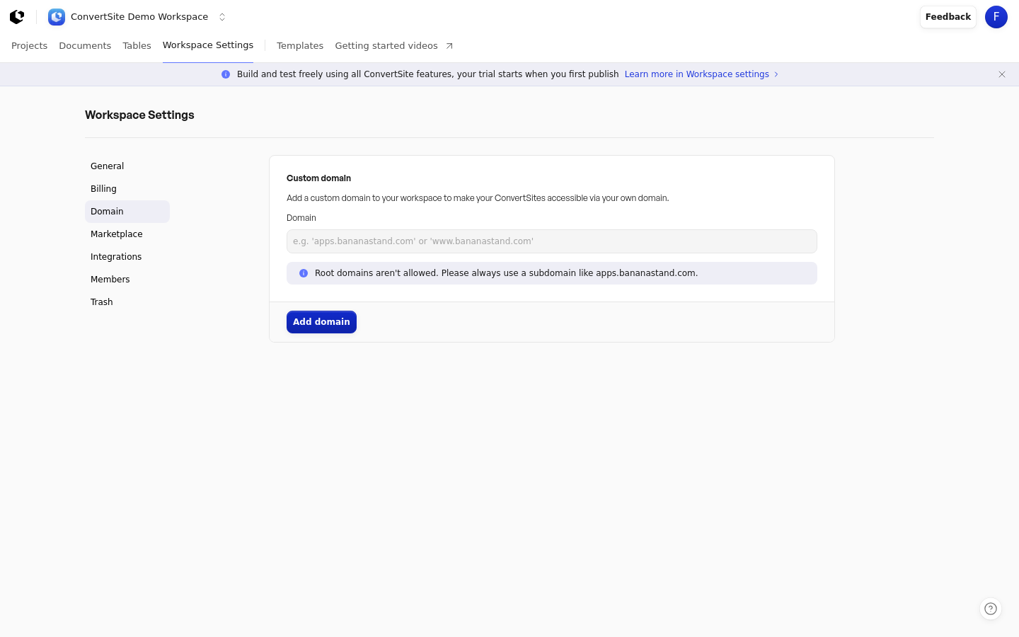 Custom domain settings in Workspace Settings