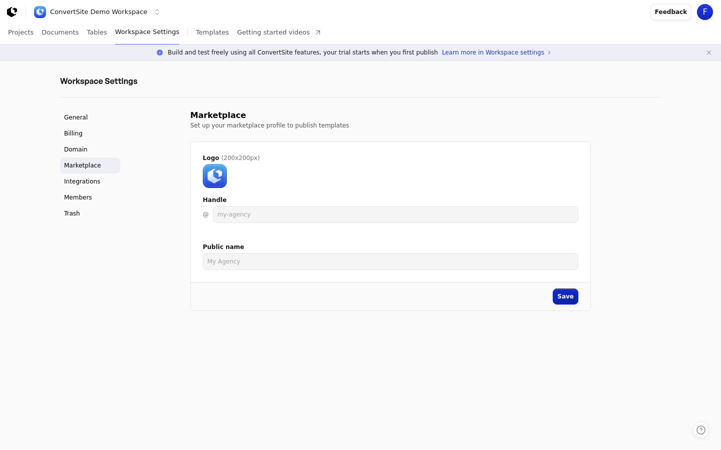 Marketplace settings profile form