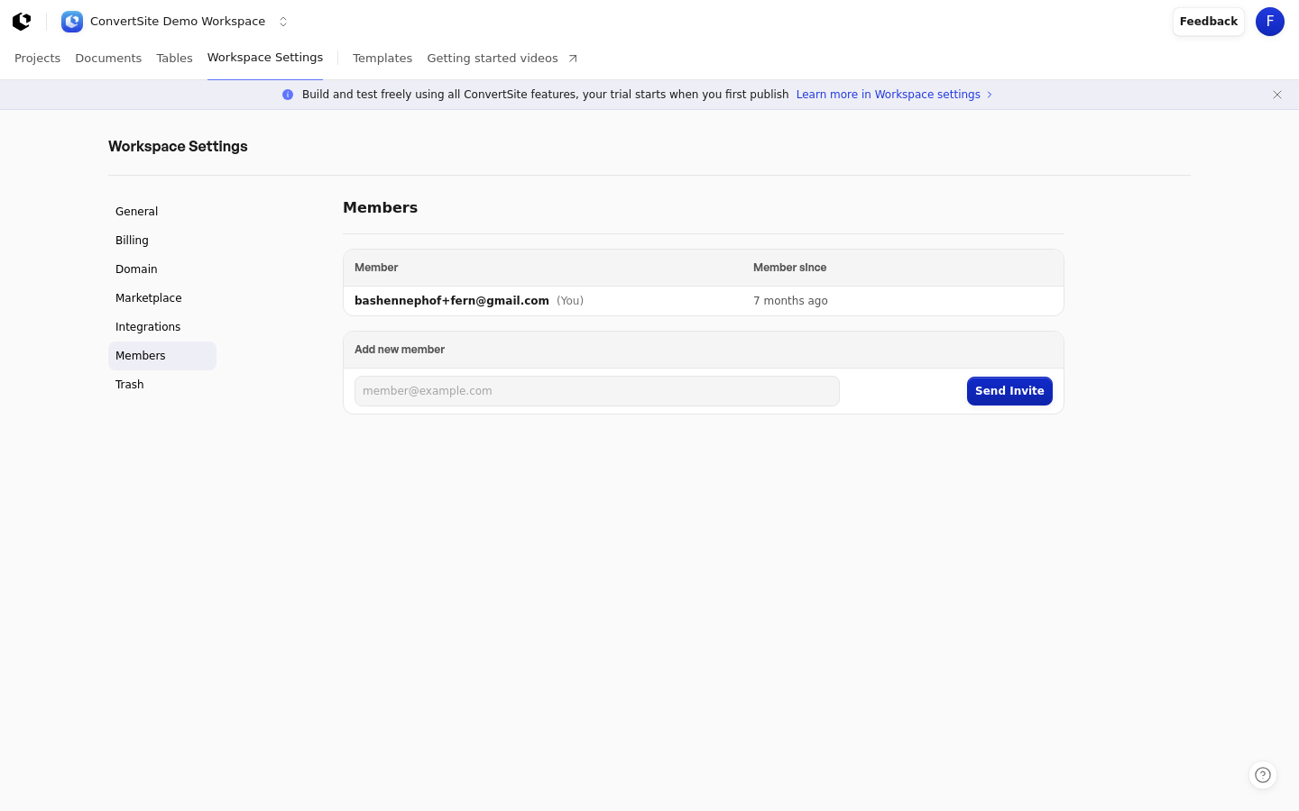Members settings showing the member table and the Add new member form