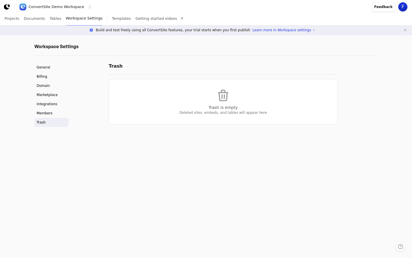 Trash settings showing the empty state