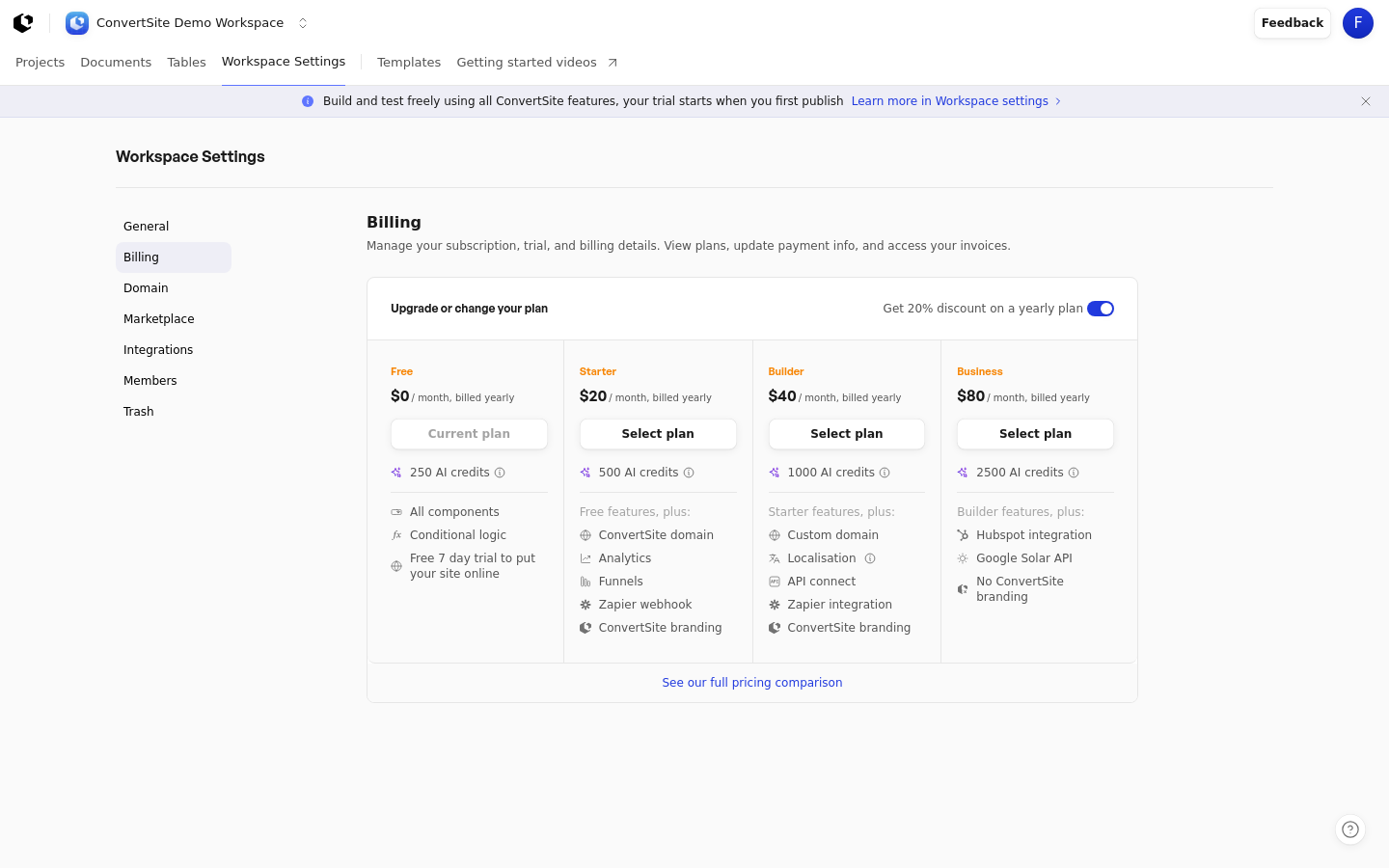 ConvertSite Workspace Settings Billing page showing the four plans with the Free plan marked as current and yearly prices