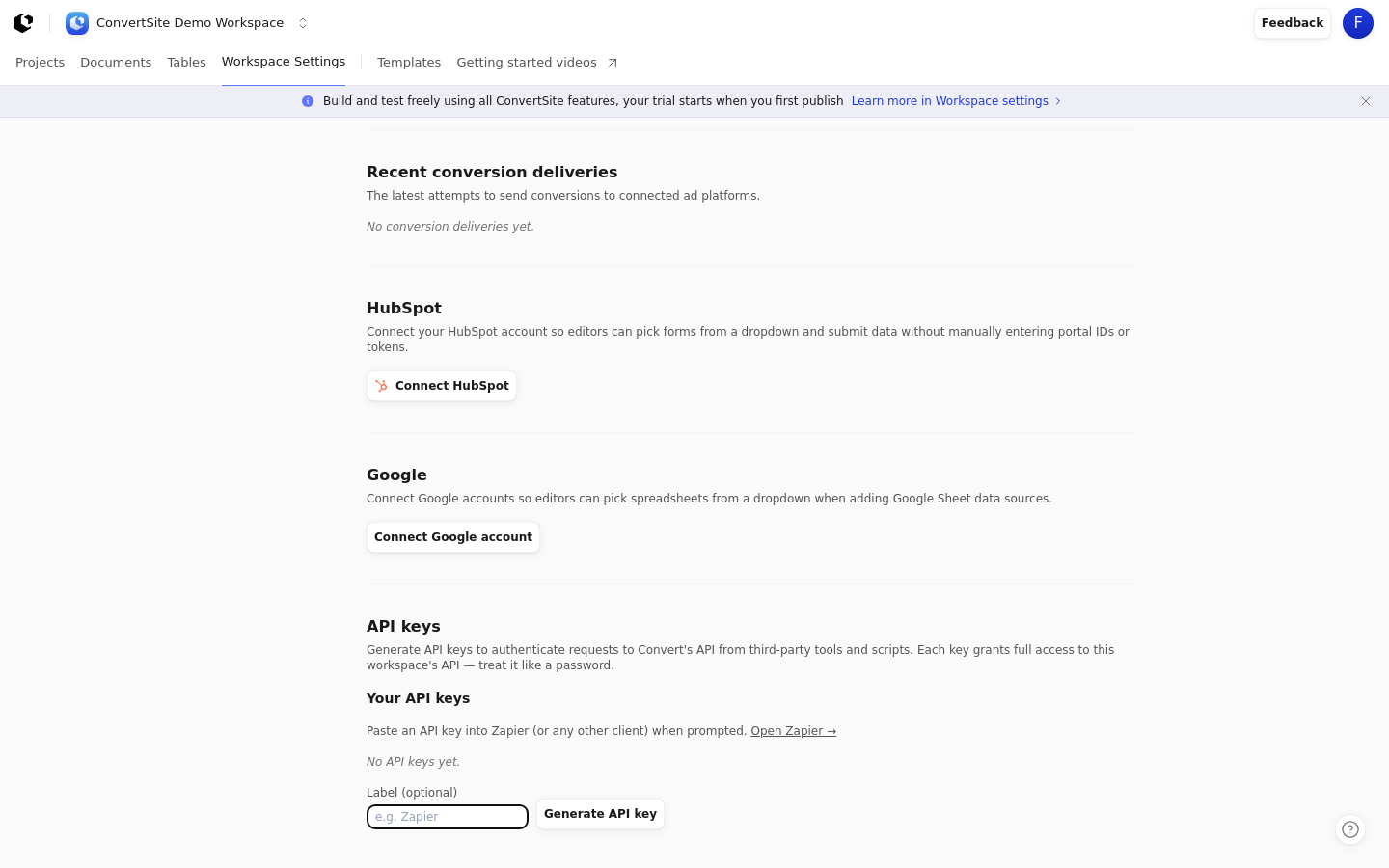 Integrations settings showing the Meta, Stripe, Google Ads, HubSpot, Google, and API keys sections