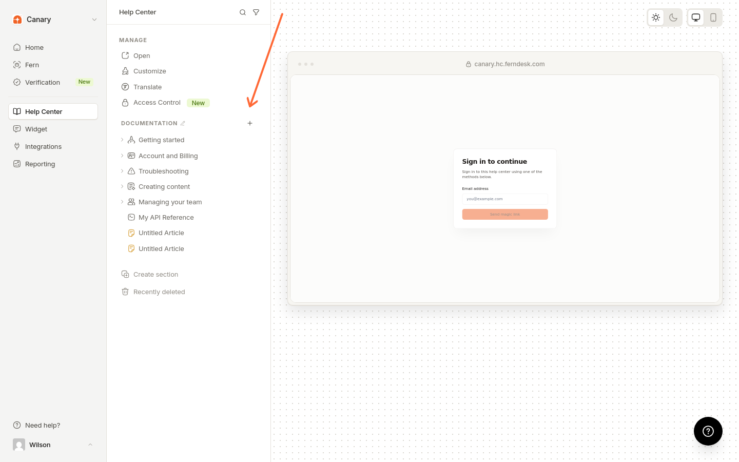 Help Center section header with the add-content button