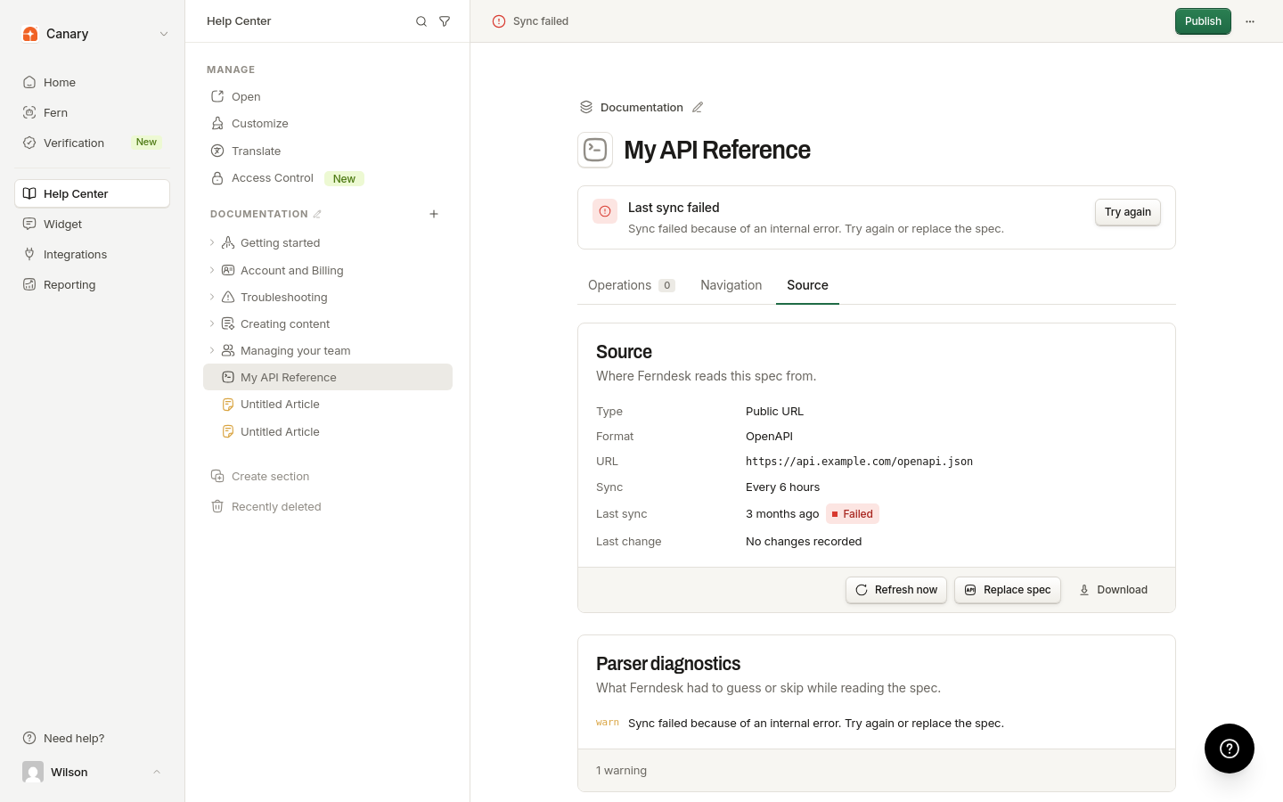 API reference detail pane with the Source tab selected