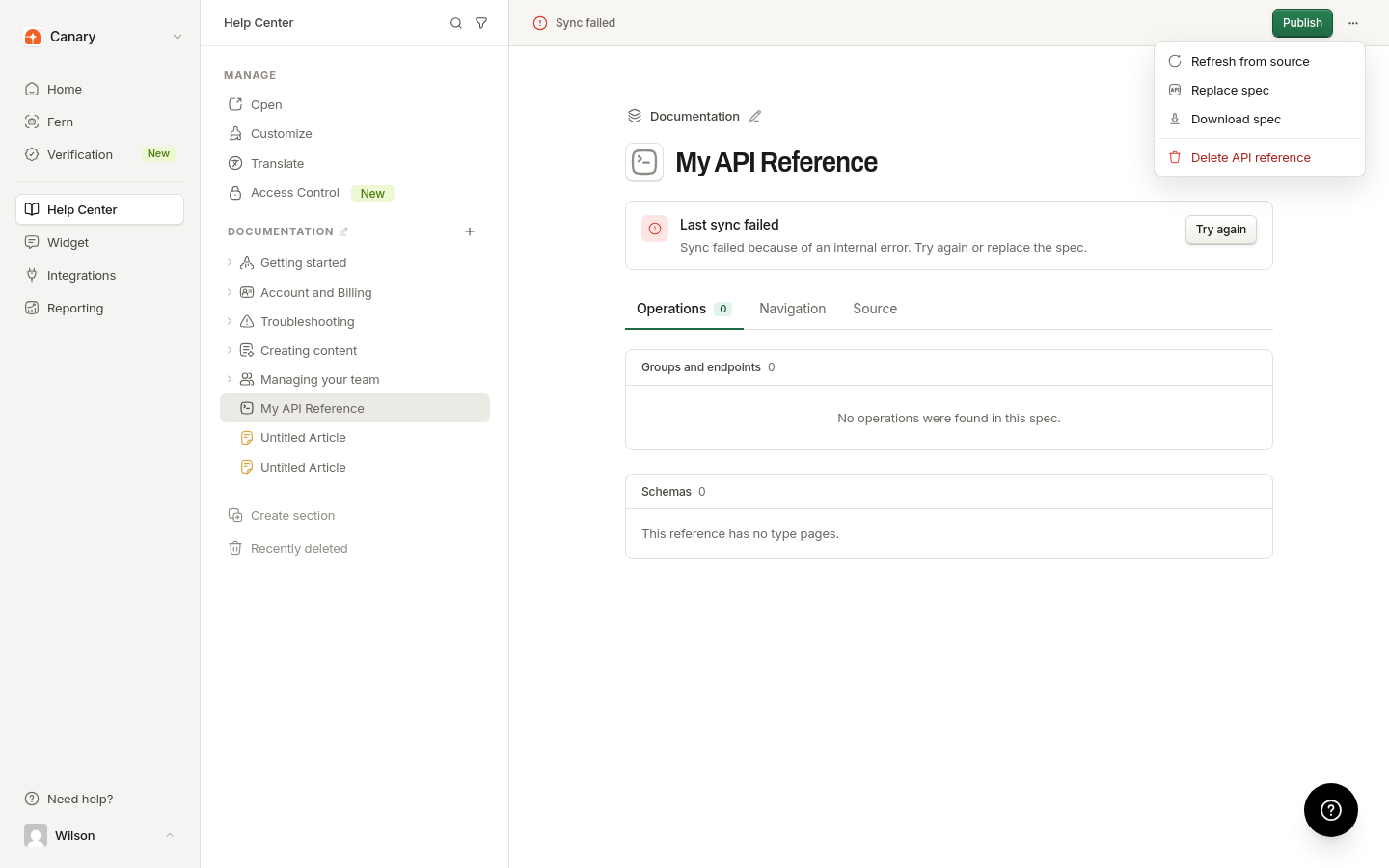 More API reference actions menu with the download and delete actions