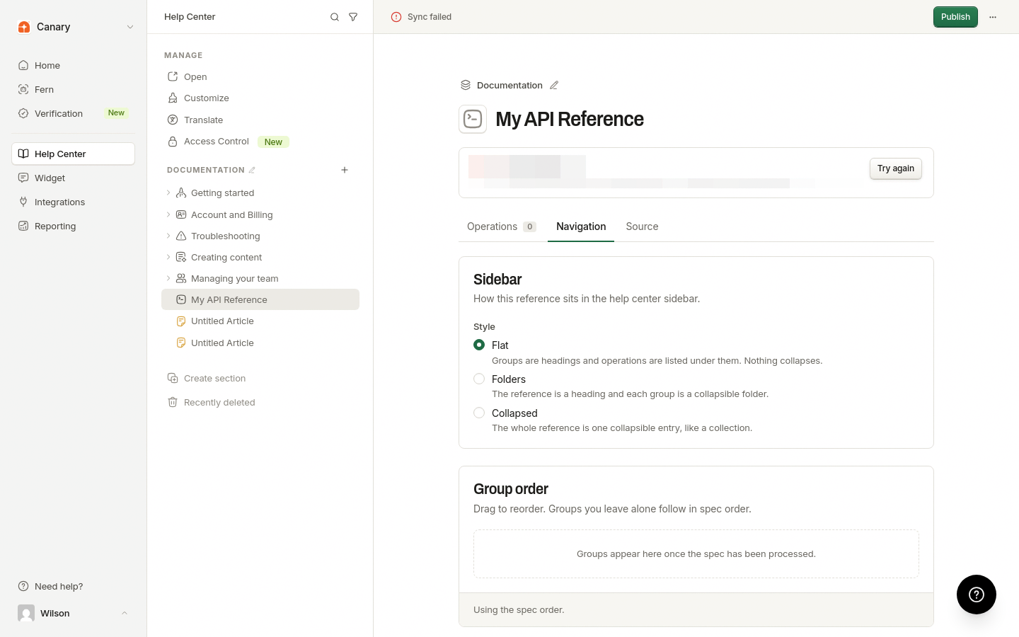 API reference detail pane with the Navigation tab selected