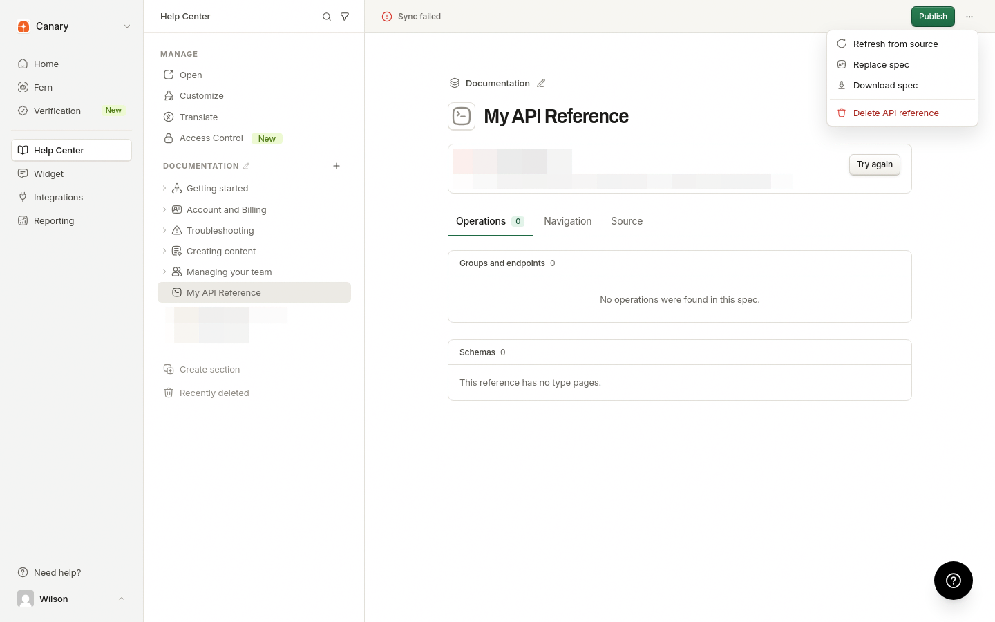 More API reference actions menu