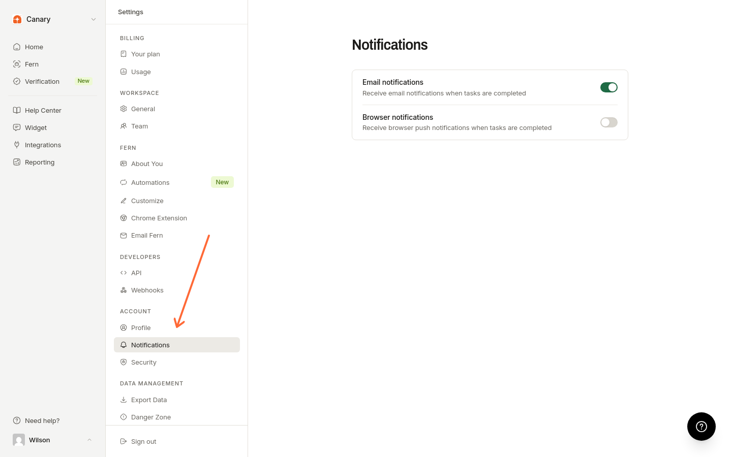 Barra lateral de Configuración con el elemento Notificaciones resaltado