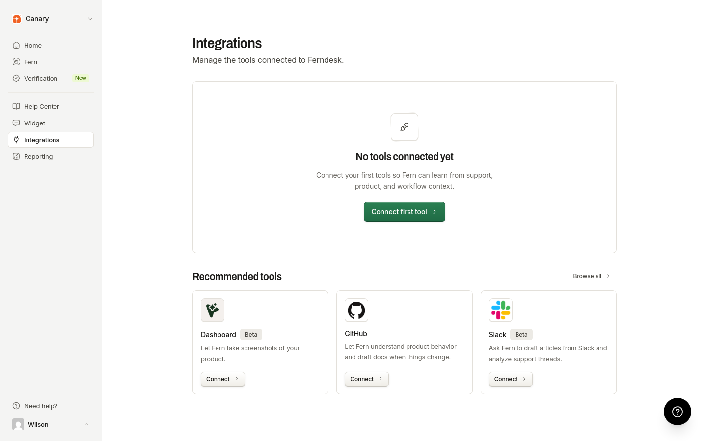 Integrations page with the Connect integration button