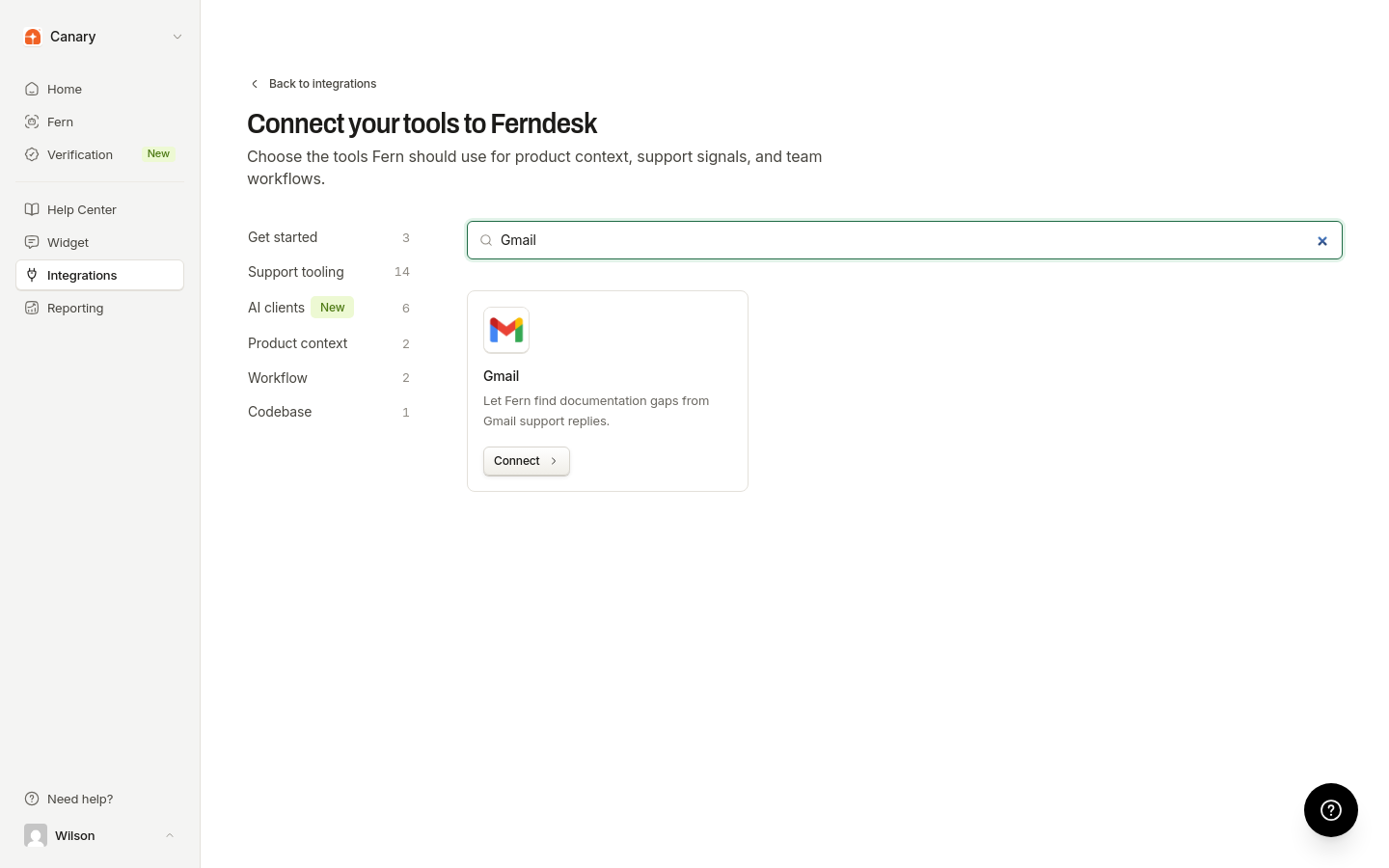 Connection catalog showing the Gmail card