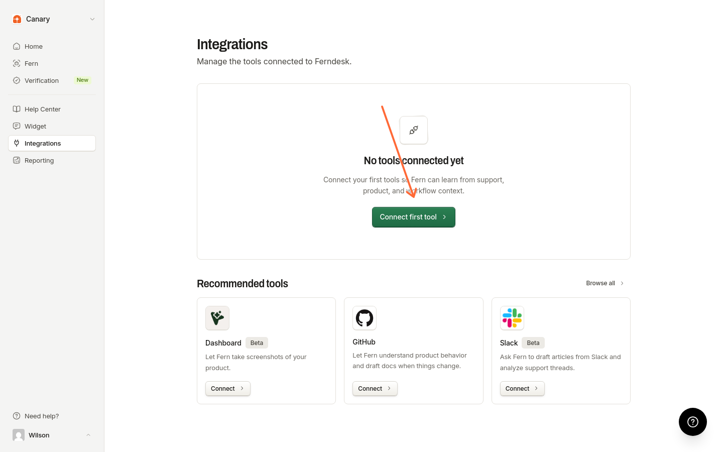 Página de Integraciones con el botón Conectar la primera herramienta resaltado