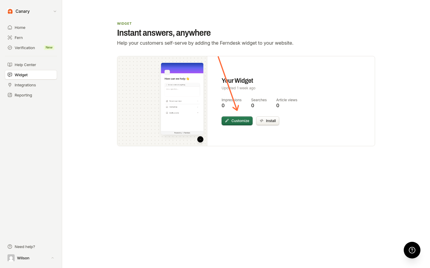 La página Widget con el botón Customize resaltado