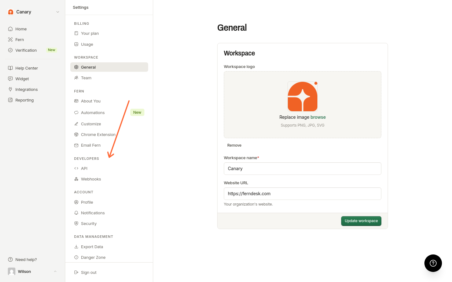 API link in the left sidebar under Developers section