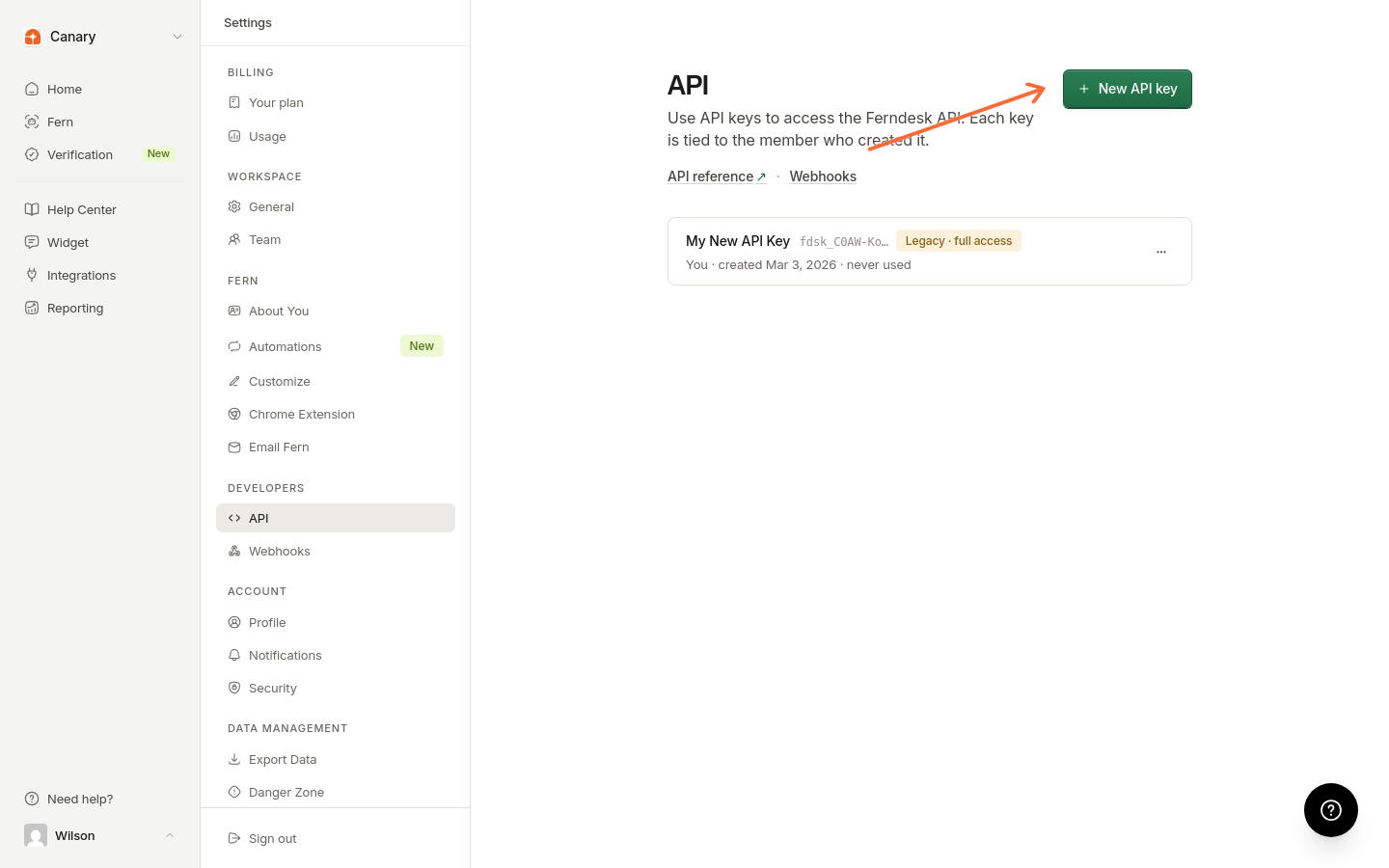 New API key button in the API keys section