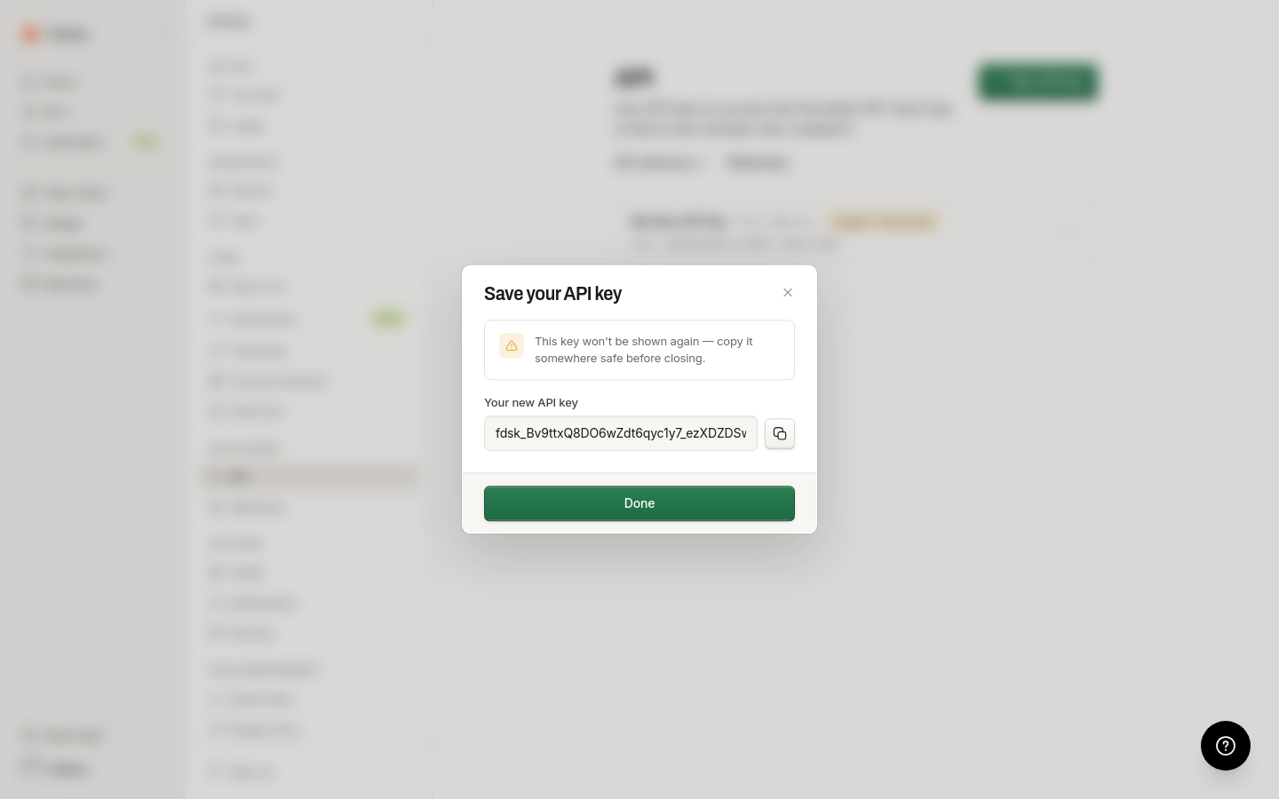 Generated API key with copy button