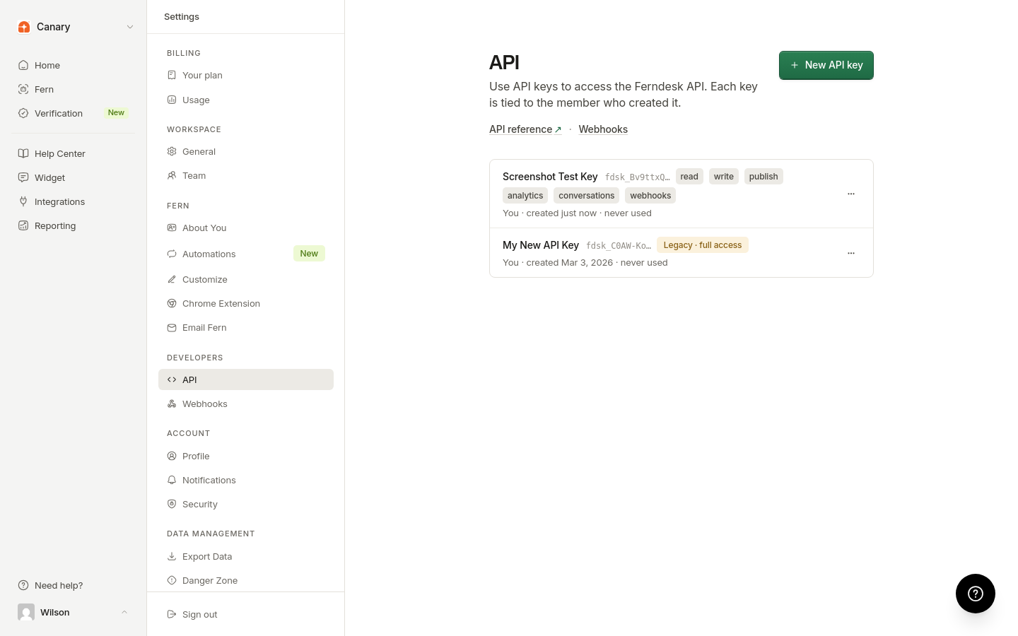 API keys list showing key names and menu options