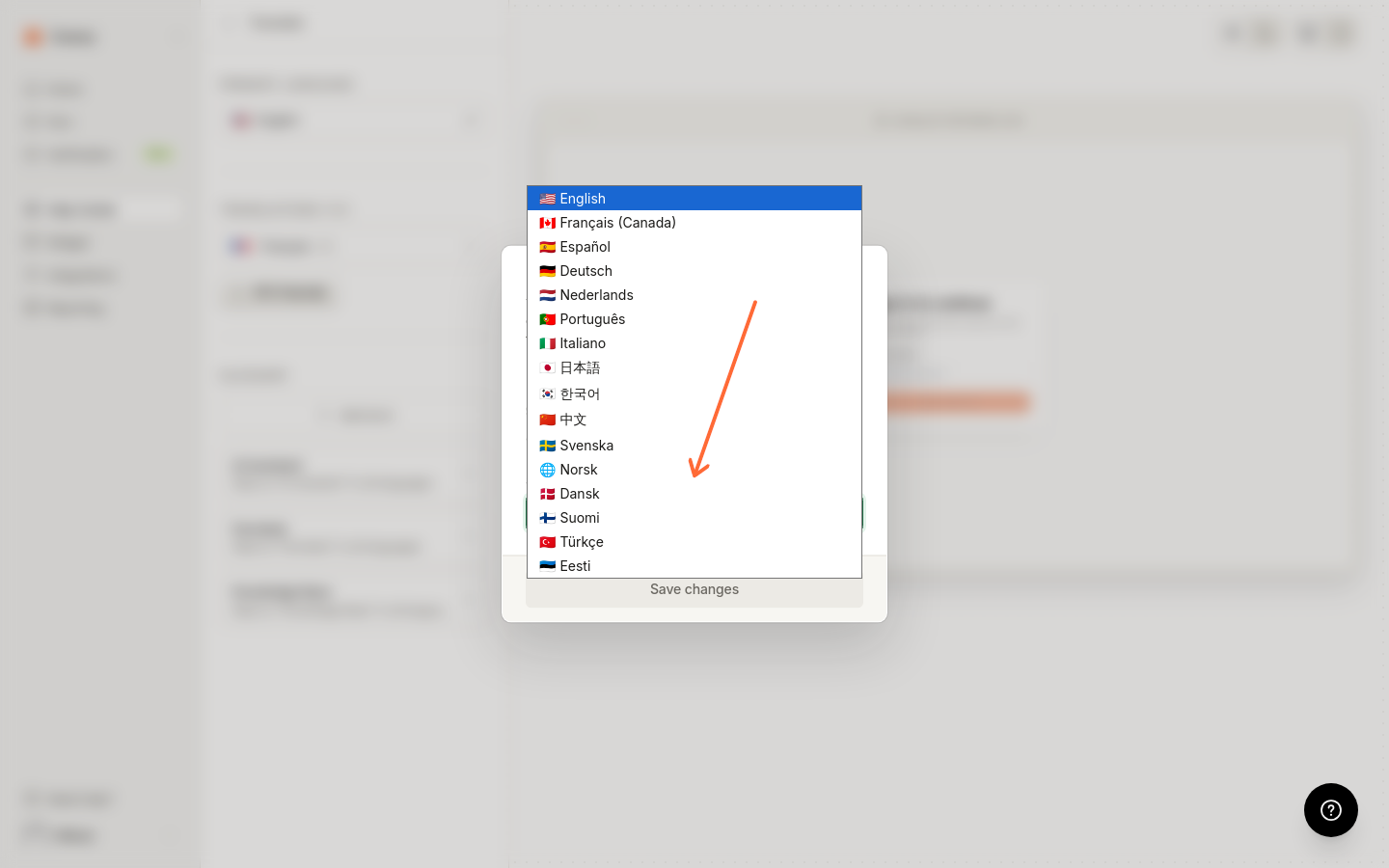 Modales Pop-up mit geöffneter Dropdown-Auswahl der Primärsprache und Schaltfläche zum Speichern