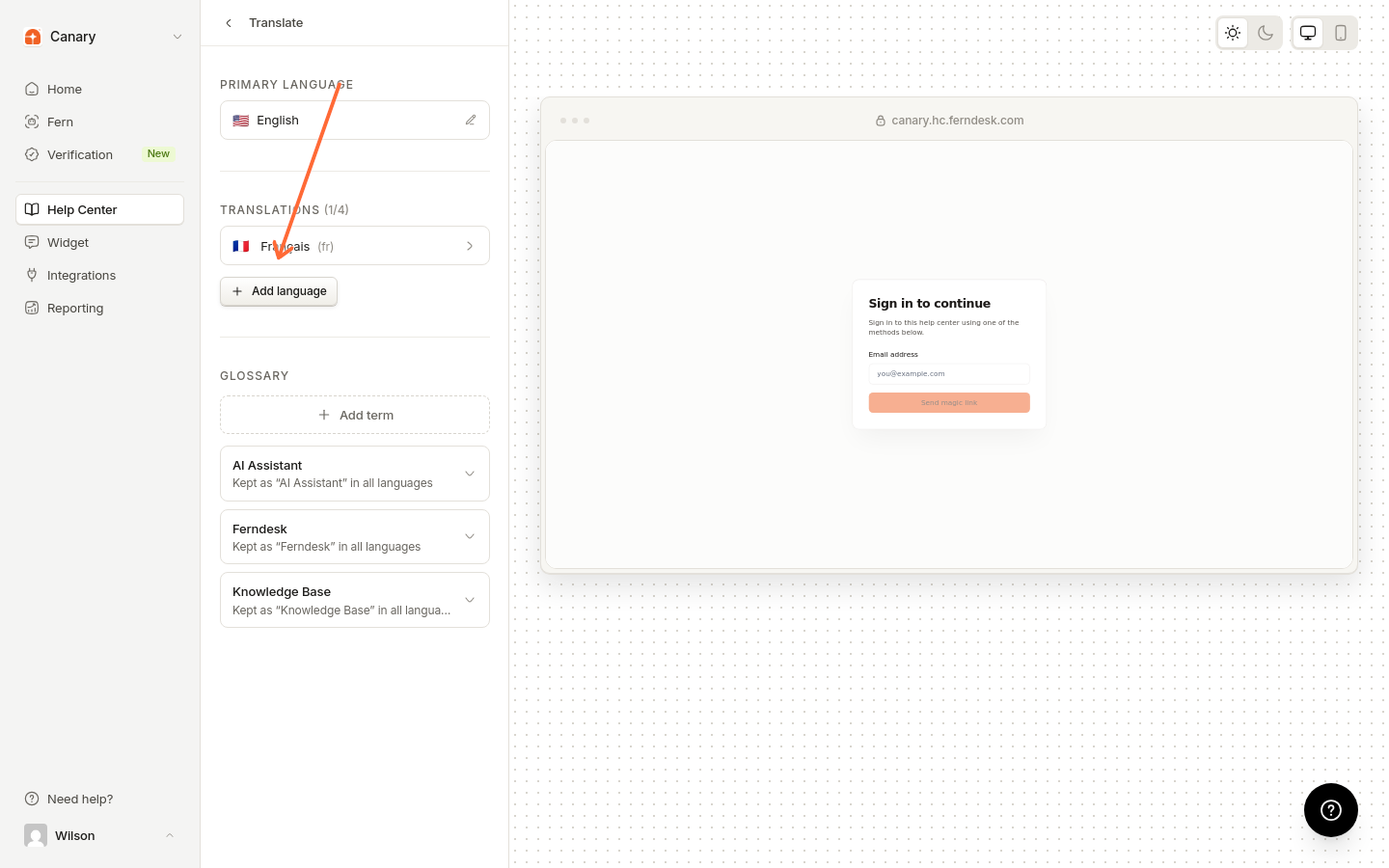 Das Übersetzungsdashboard mit der Schaltfläche „Sprache hinzufügen“