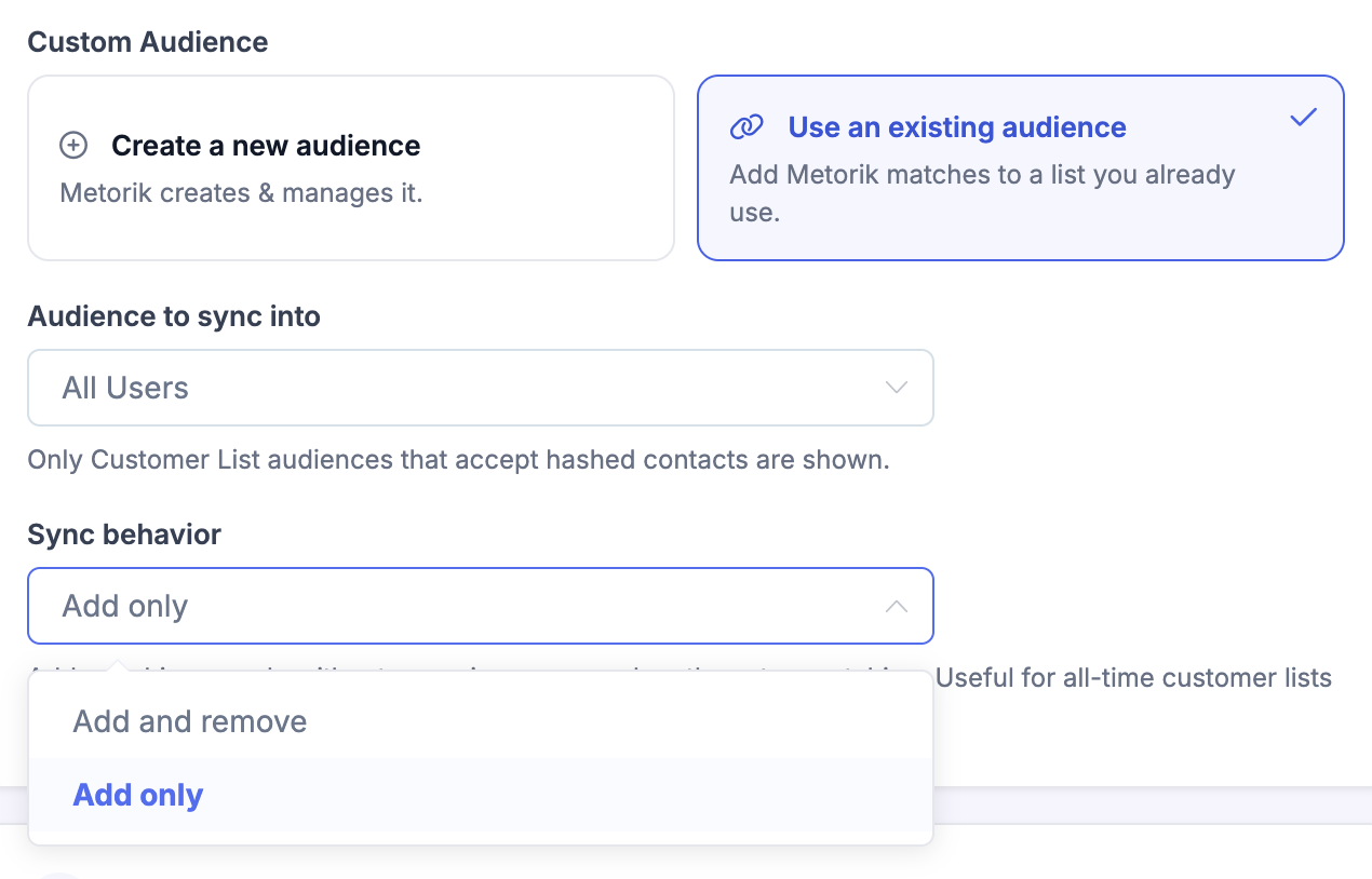 Sync mode options for an ad audience: Add and remove (default) or Add only