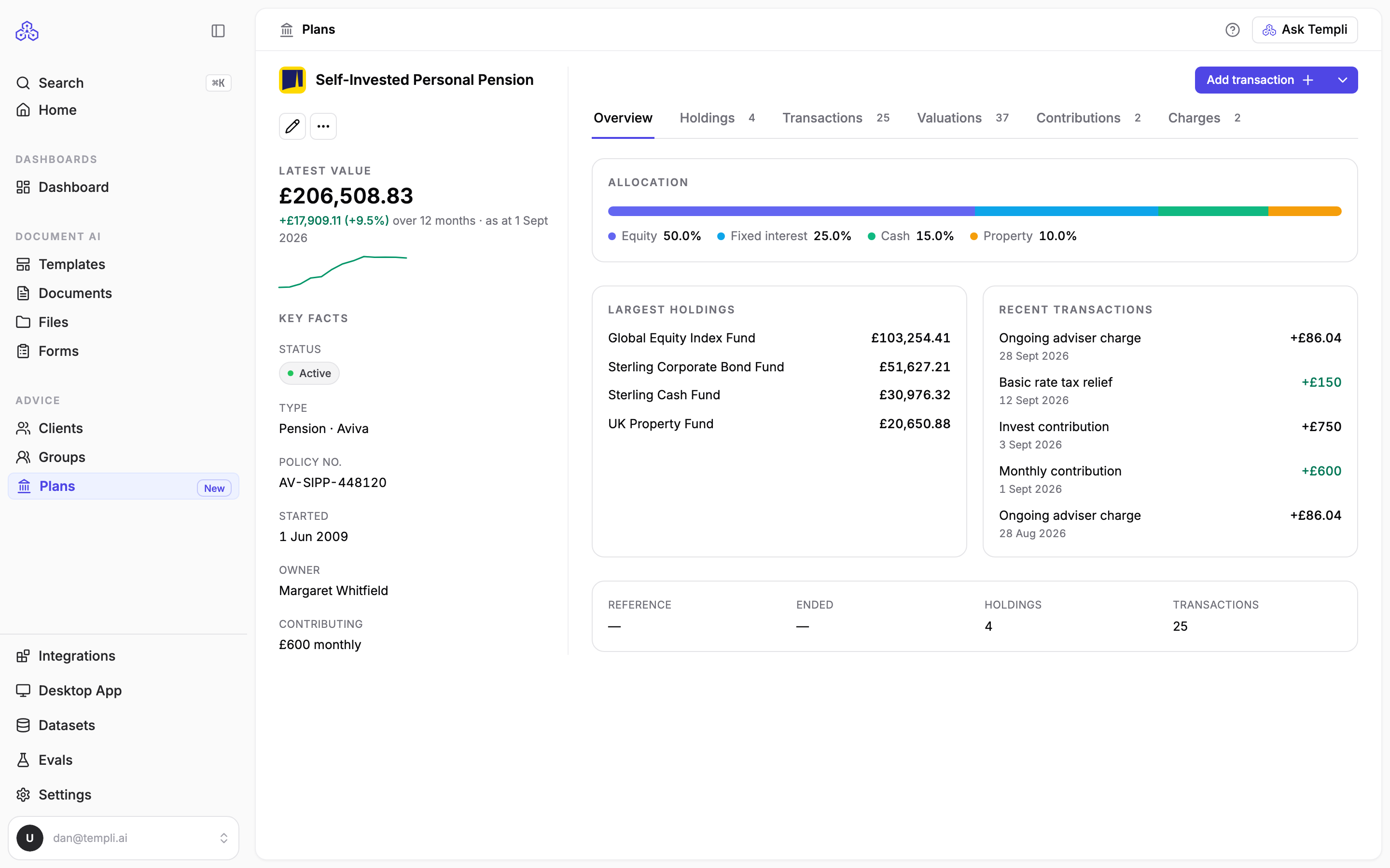 A SIPP plan record showing its latest value, key facts, allocation, largest holdings and recent transactions