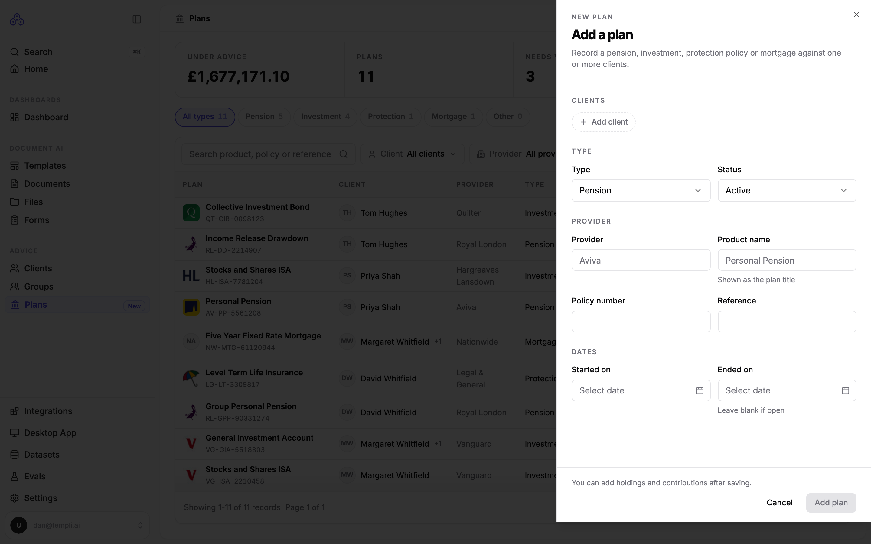 The Add a plan form with clients, type, status, provider, product name, policy number and dates