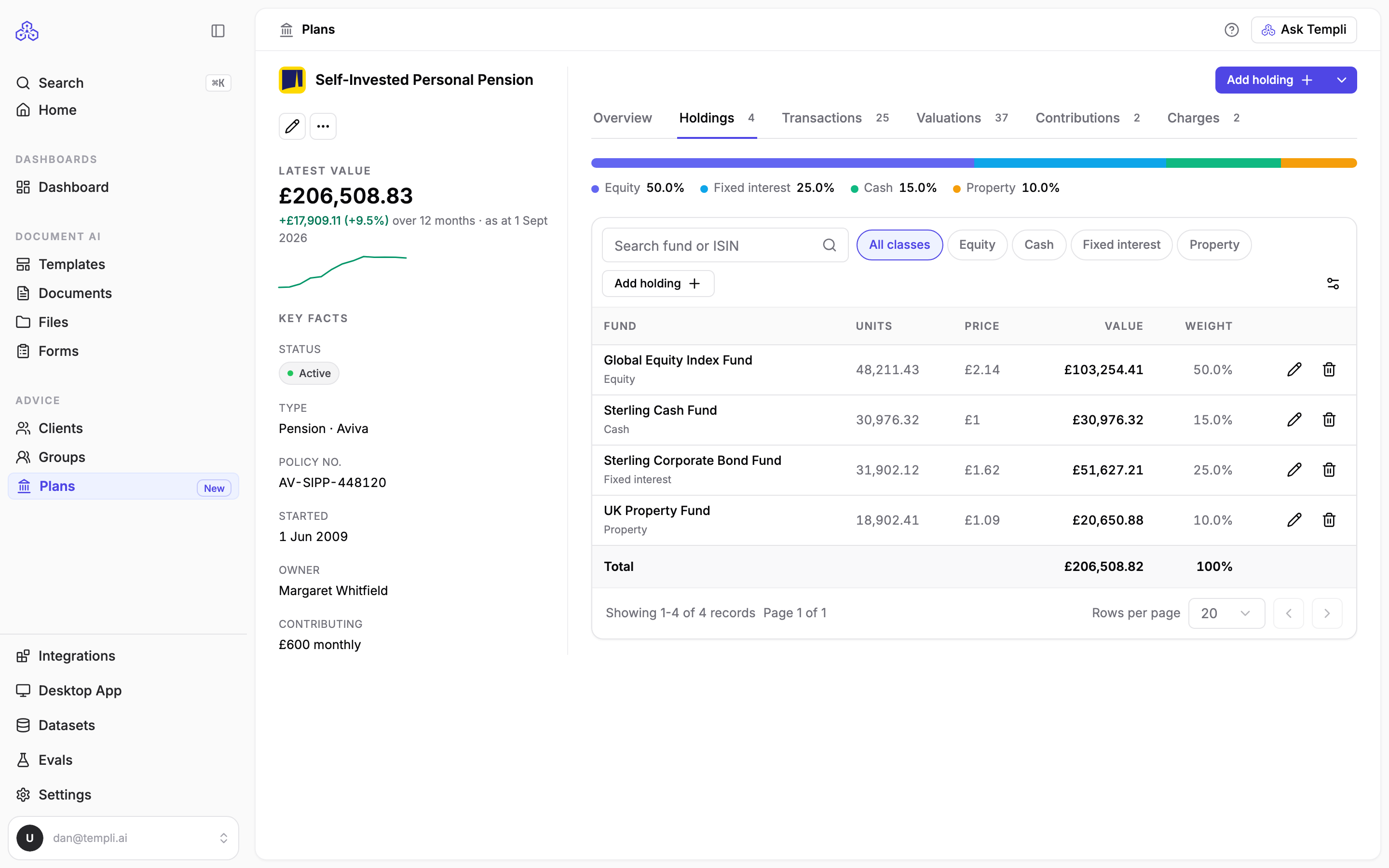 The Holdings tab of a plan listing each fund with units, price, value and weight