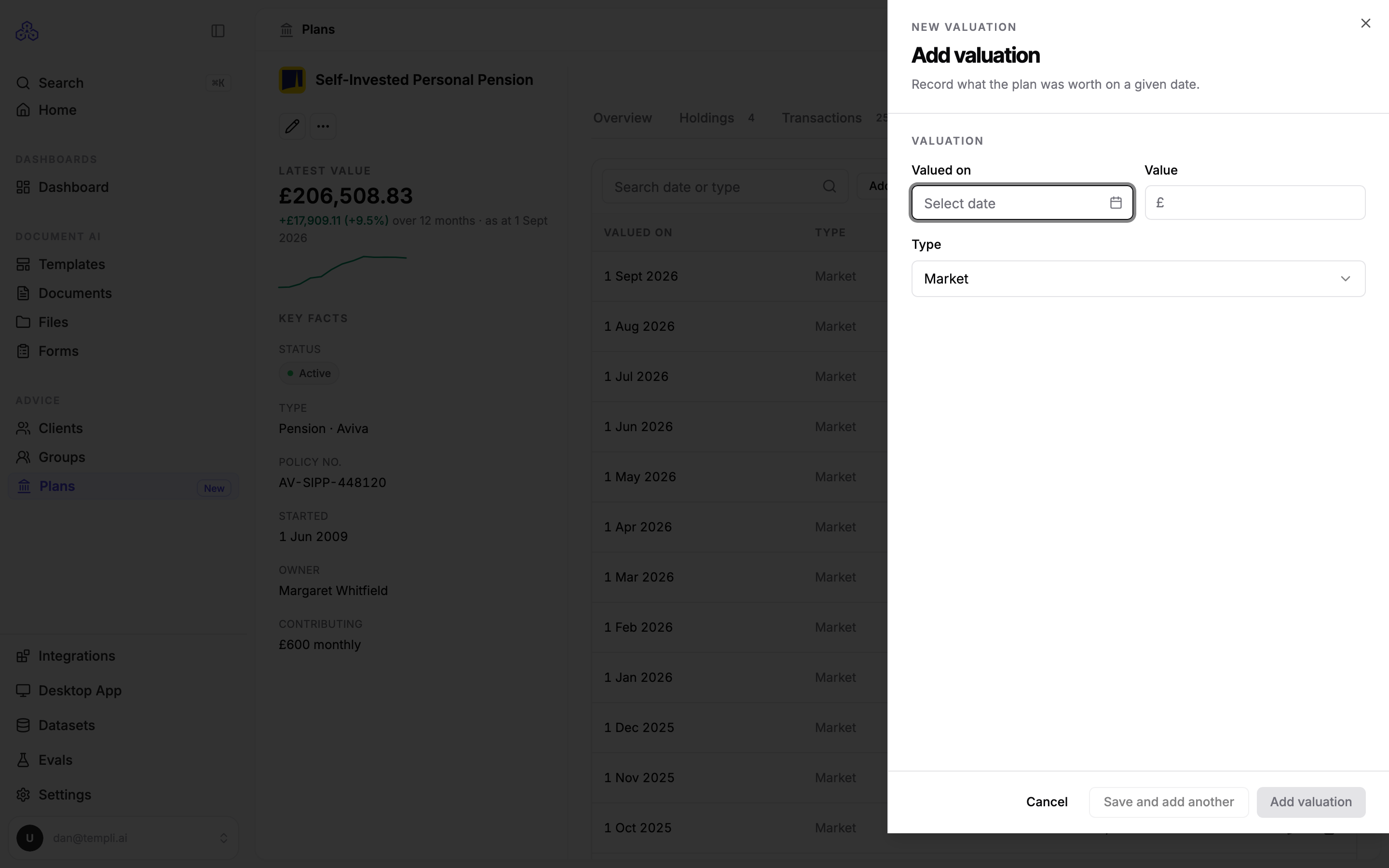 The Add valuation form with valued on date, value and type