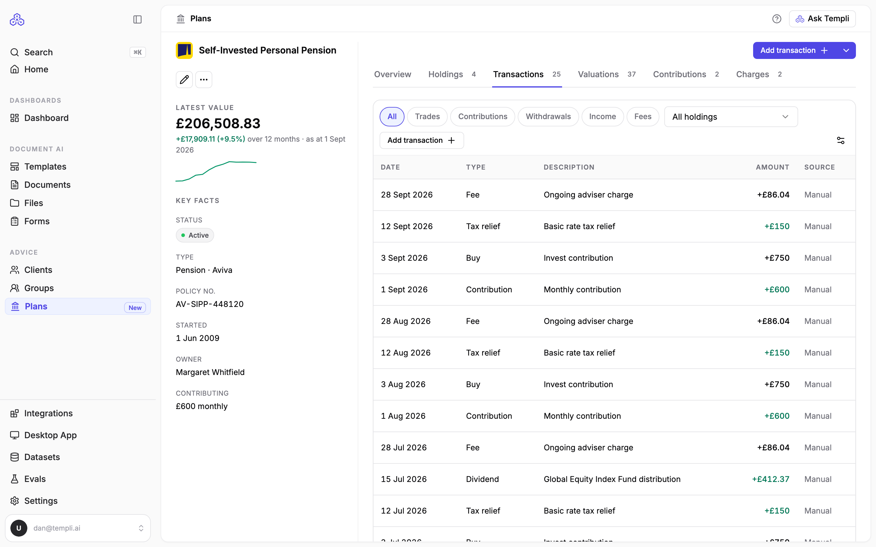 The Transactions tab of a plan with filters for trades, contributions, withdrawals, income and fees