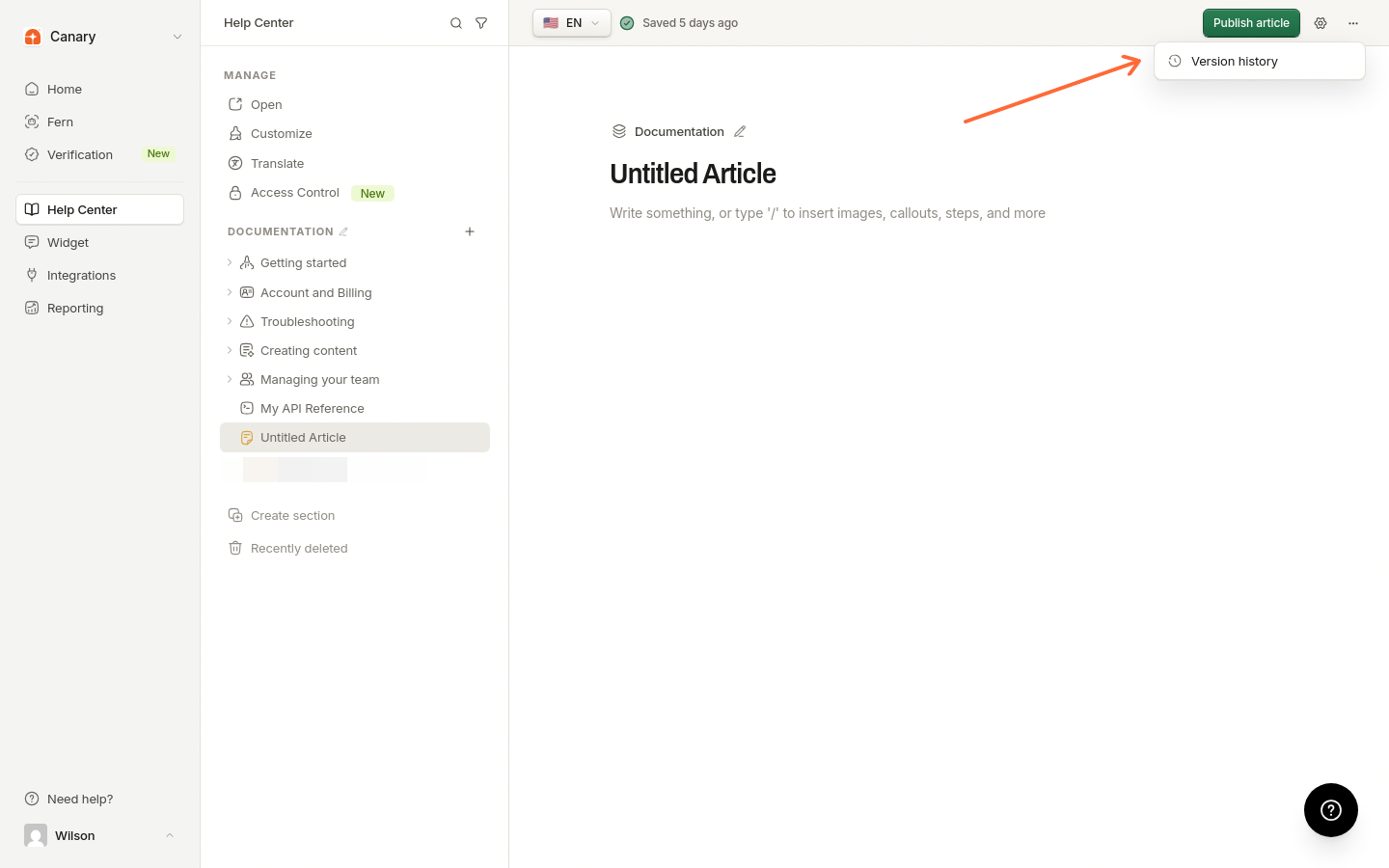 More article actions menu open in the article editor, with the Version history item highlighted
