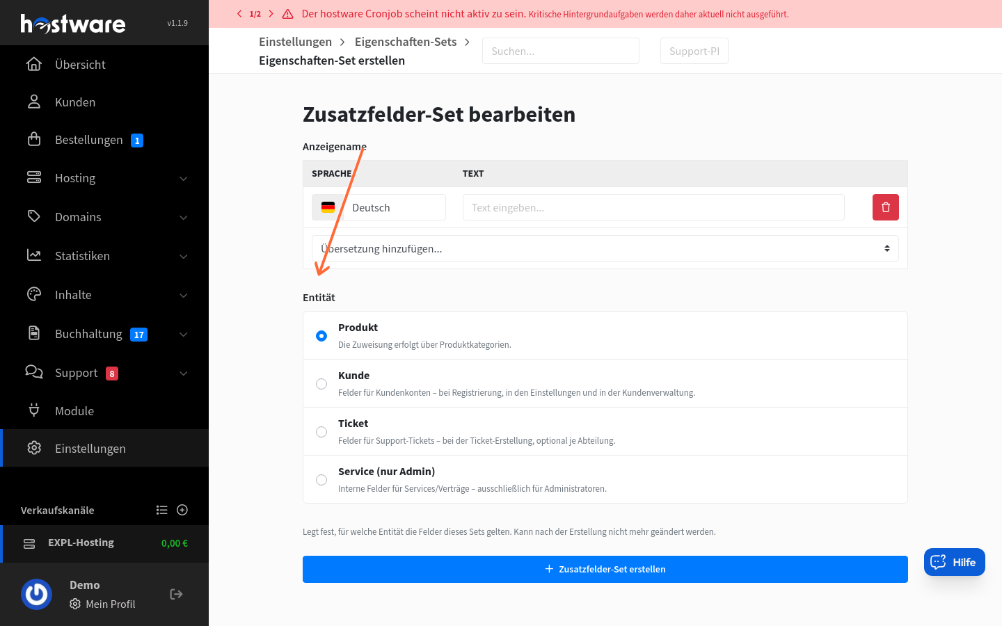 Formular zum Anlegen eines Eigenschaften-Sets mit Entitätsauswahl