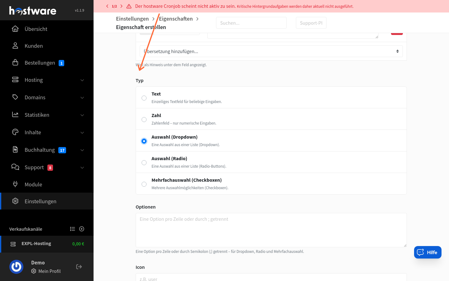 Formular zum Anlegen einer Eigenschaft mit Typ-Auswahl