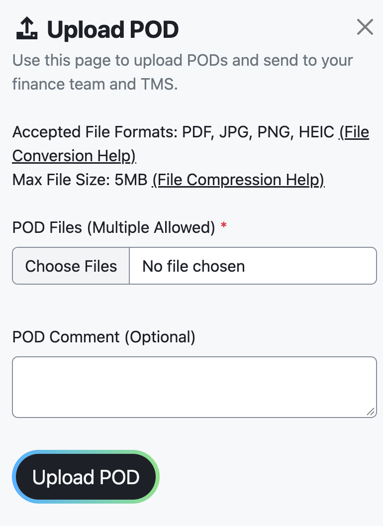 Panel Cargar POD con selector de archivos, campo de comentarios y formatos aceptados