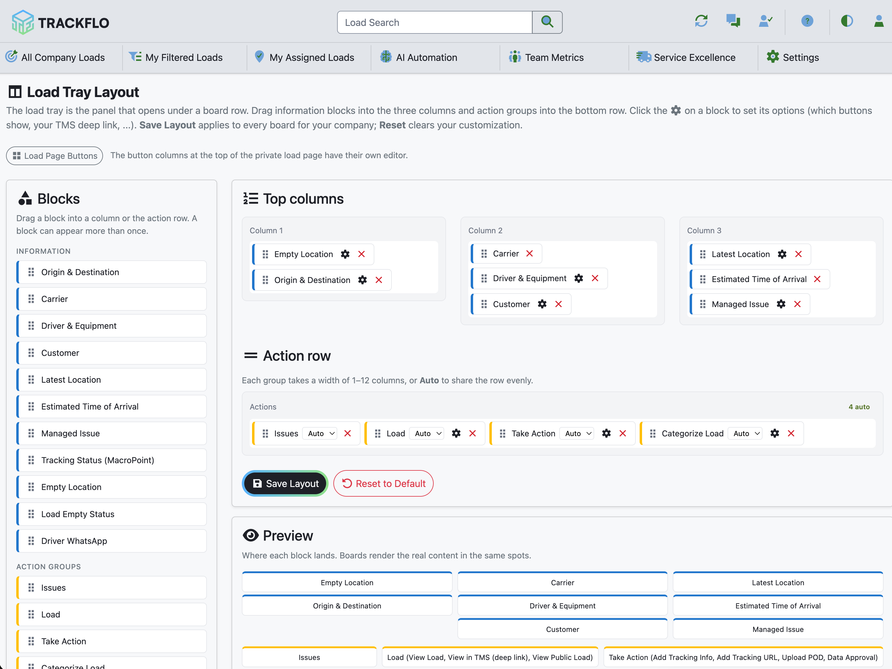 The Load Page Buttons editor with the Buttons palette, button columns, and TMS deep link panel