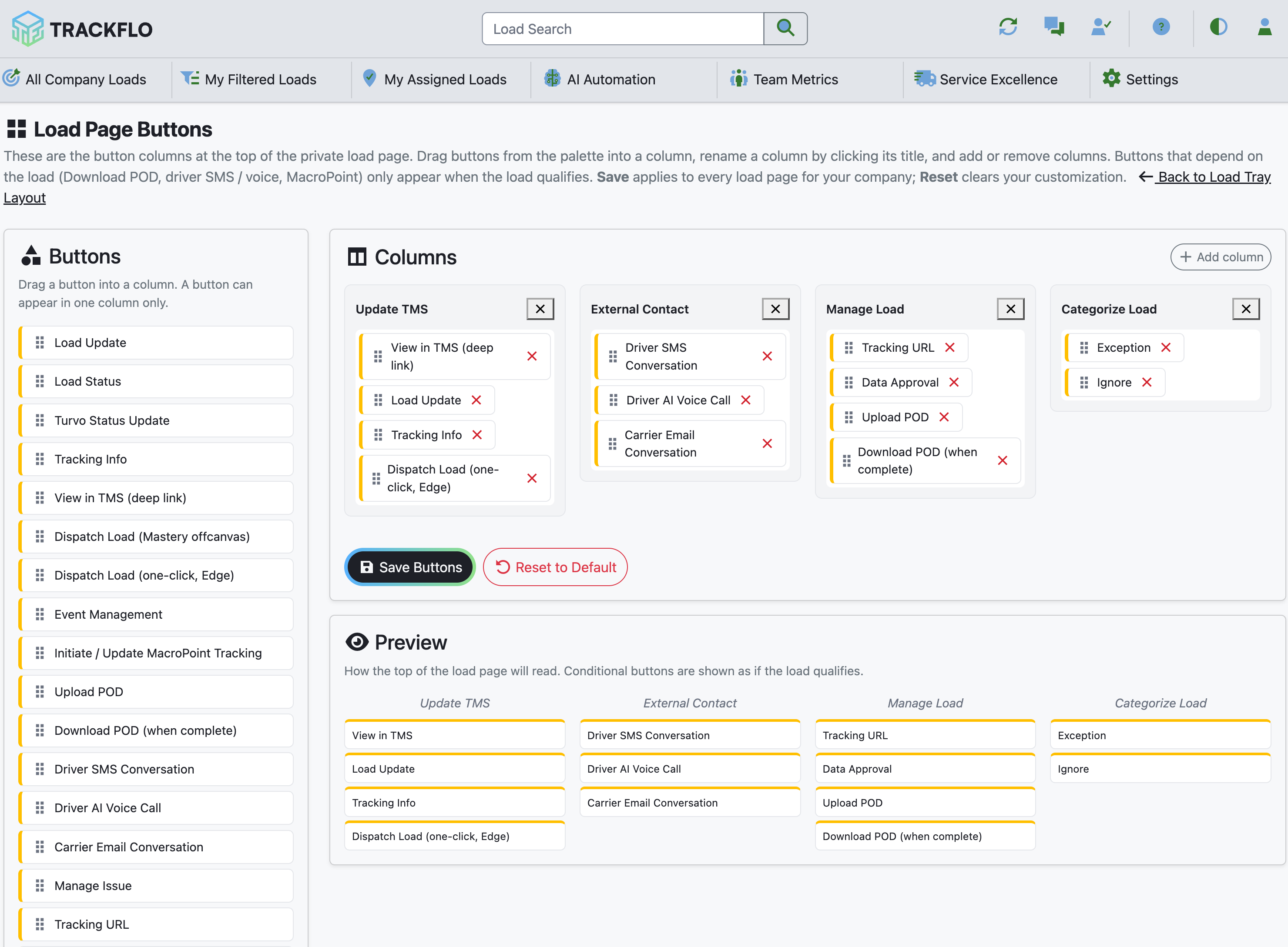 The Load Tray Layout Editor with the Blocks palette, three top columns, and action row