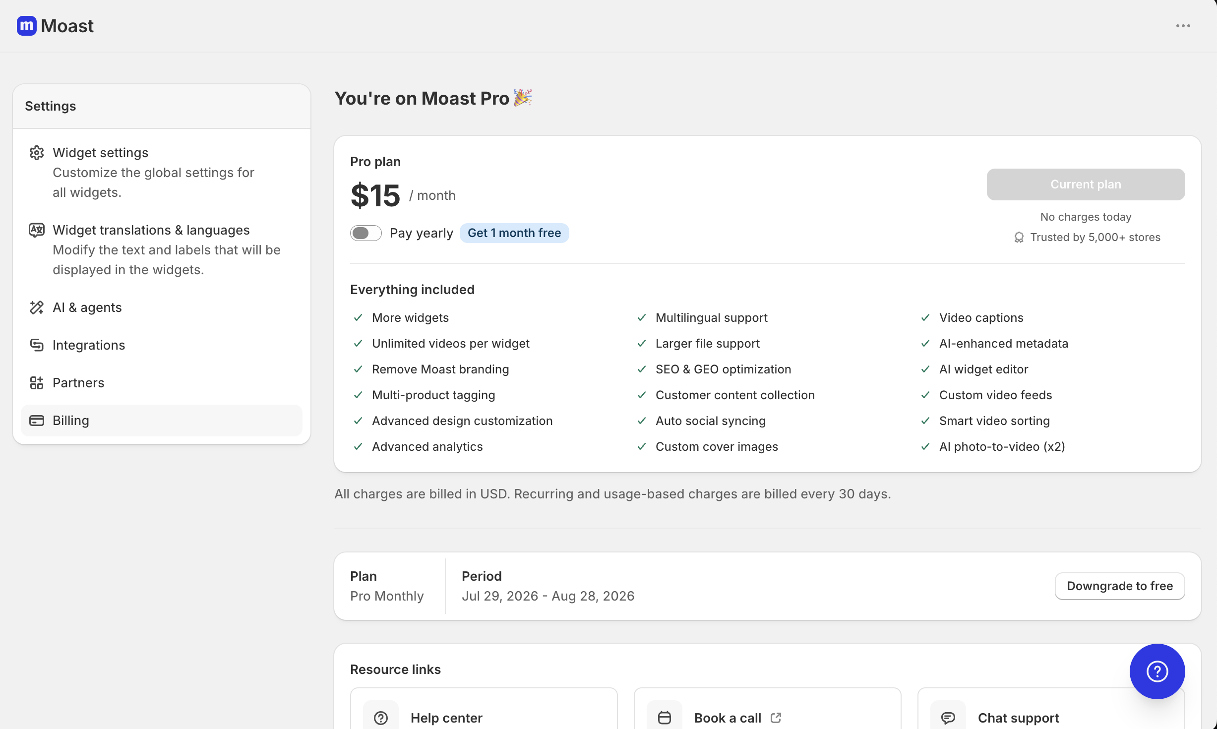 Settings and Billing page in the Moast app showing the downgrade to free option