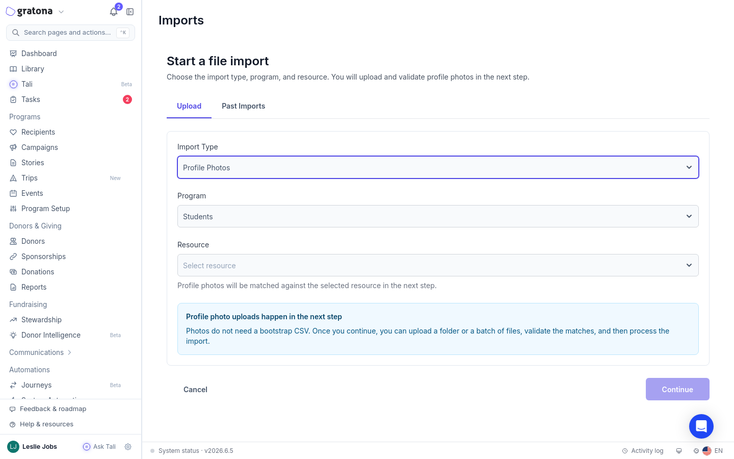 The data import wizard with the Import Type and Resource selectors visible