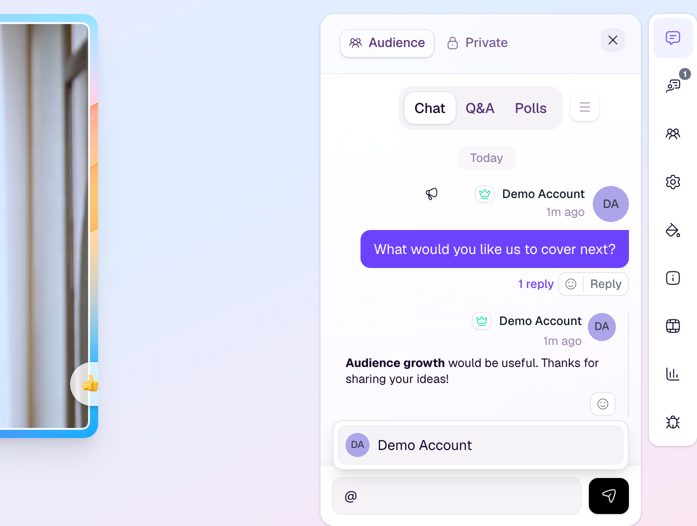 Audience chat showing an expanded reply thread, bold text and mention suggestions