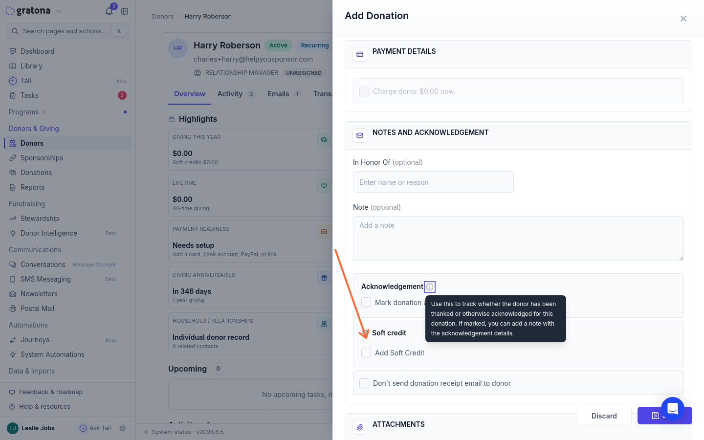 Add donation form with the Add Soft Credit checkbox highlighted