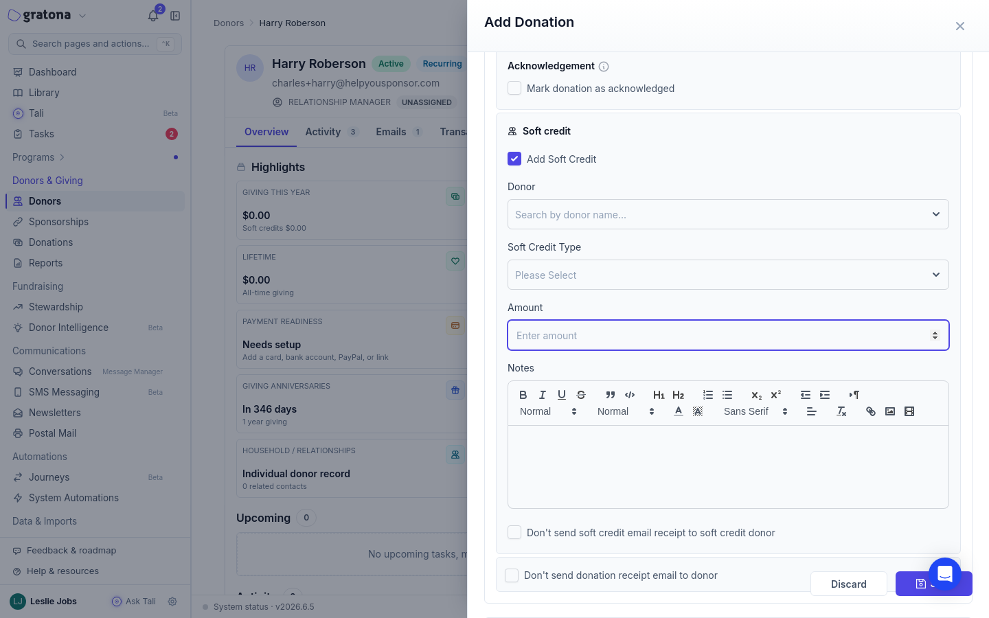Soft credit fields for the recipient donor, credit type, amount, and notes