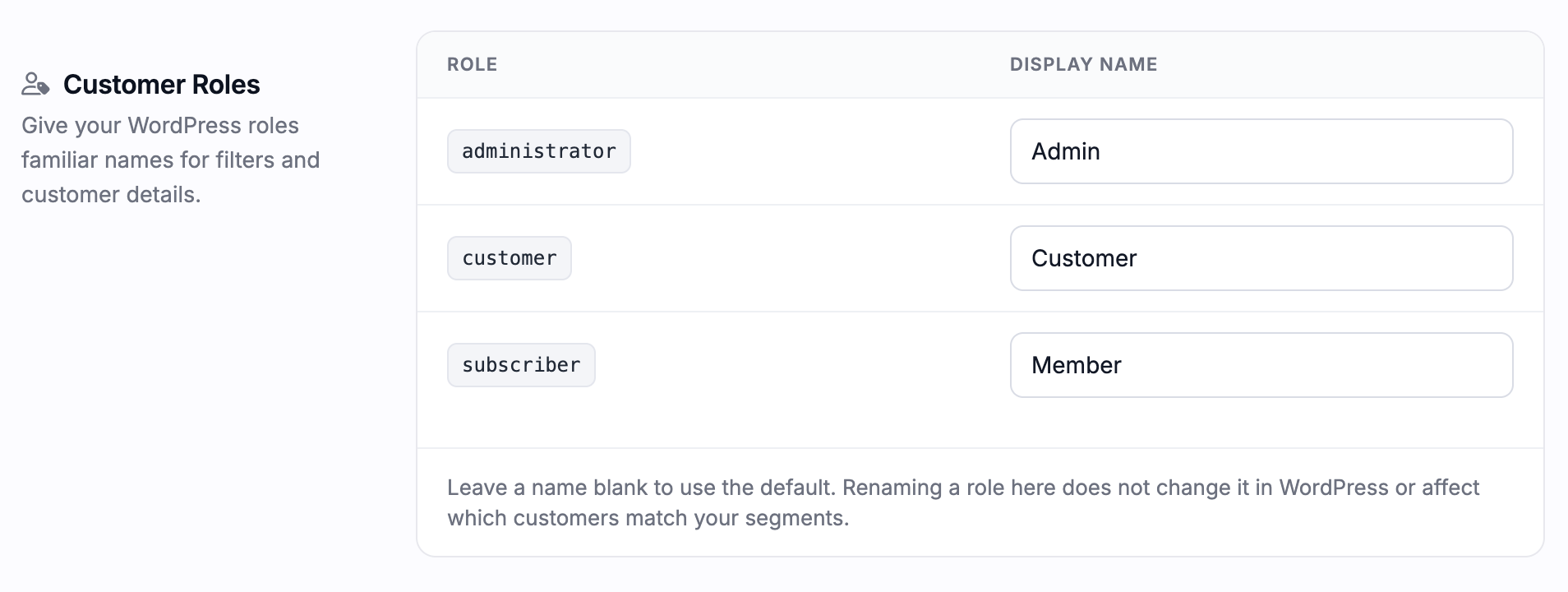Customer Roles table in the Display Names settings