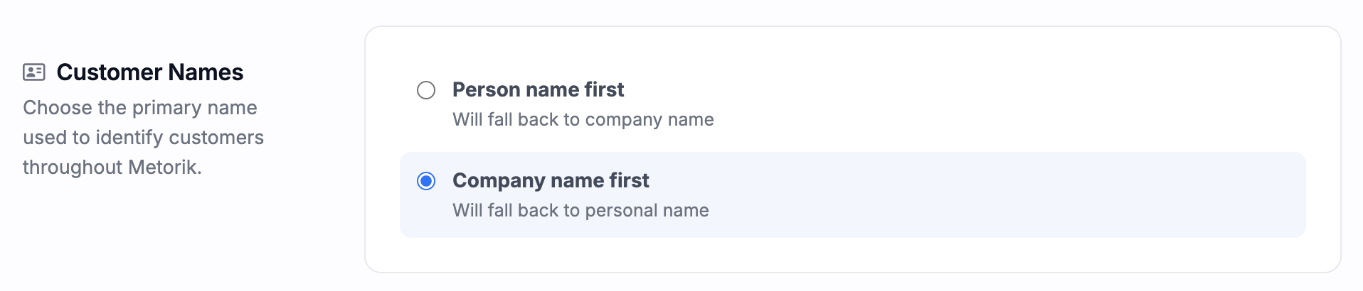 Display Names settings in Metorik store settings